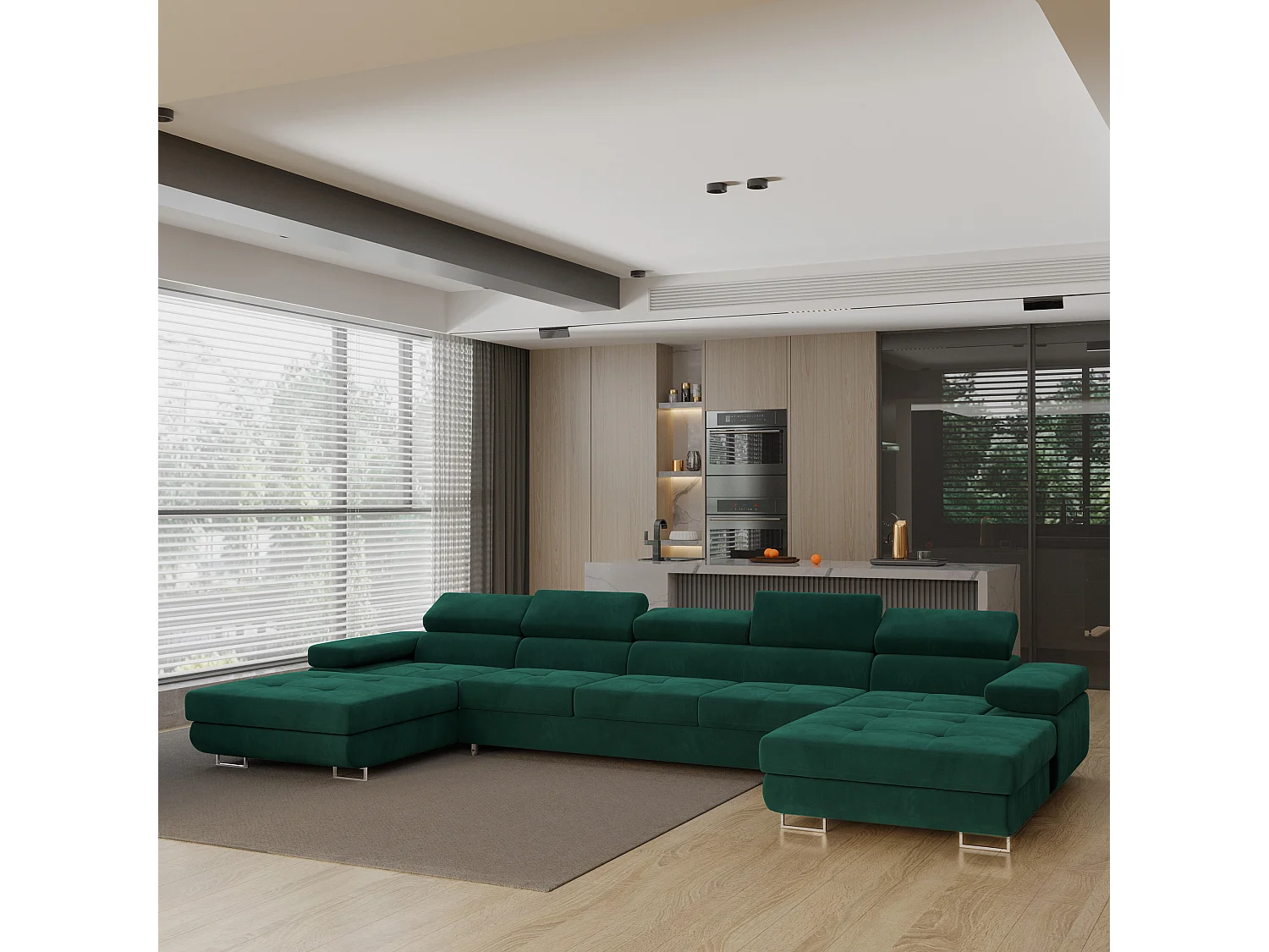 Canapé d'angle OMBRA Vert en velours avec fonction de couchage