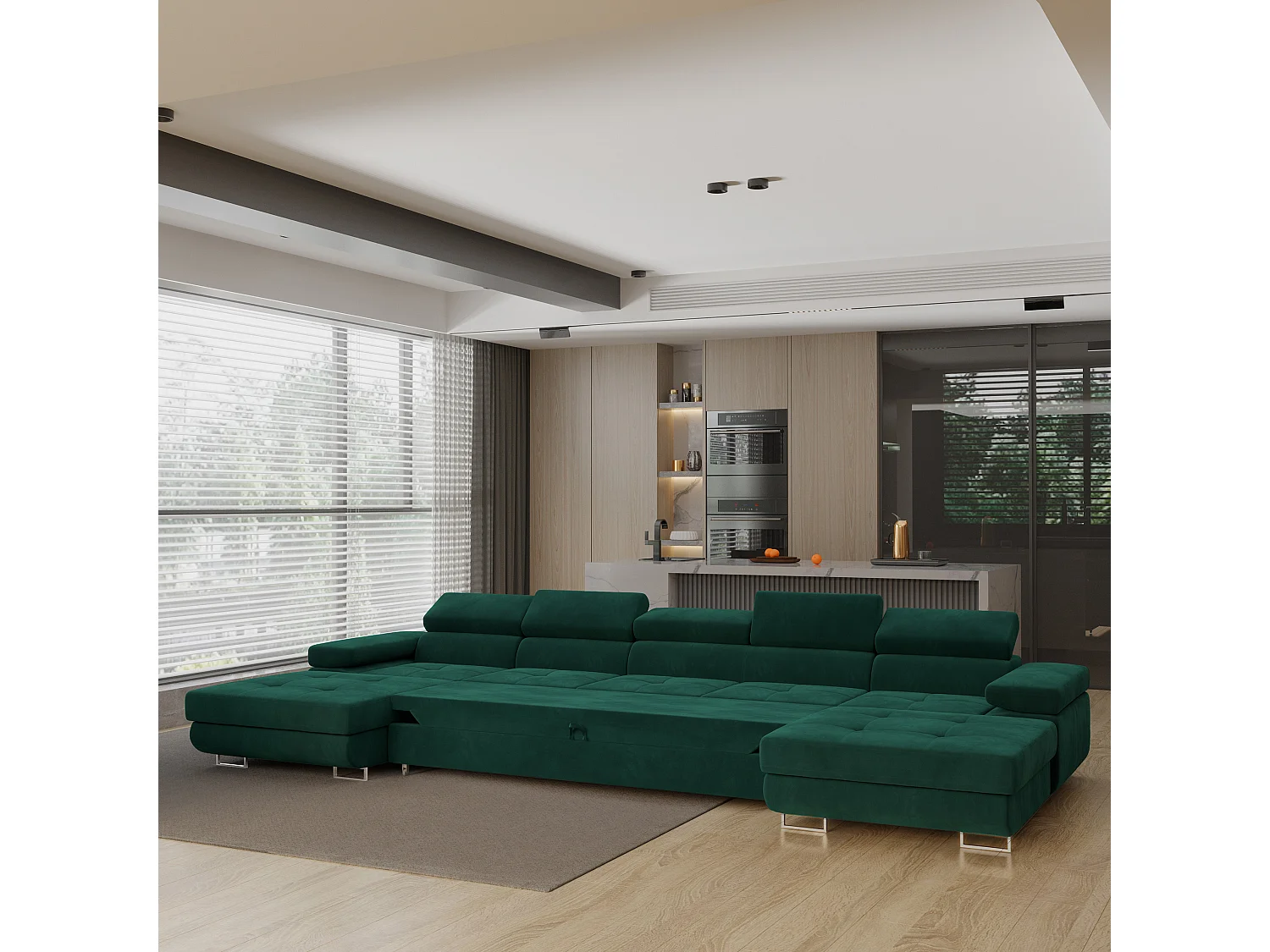 Canapé d'angle OMBRA Vert en velours avec fonction de couchage
