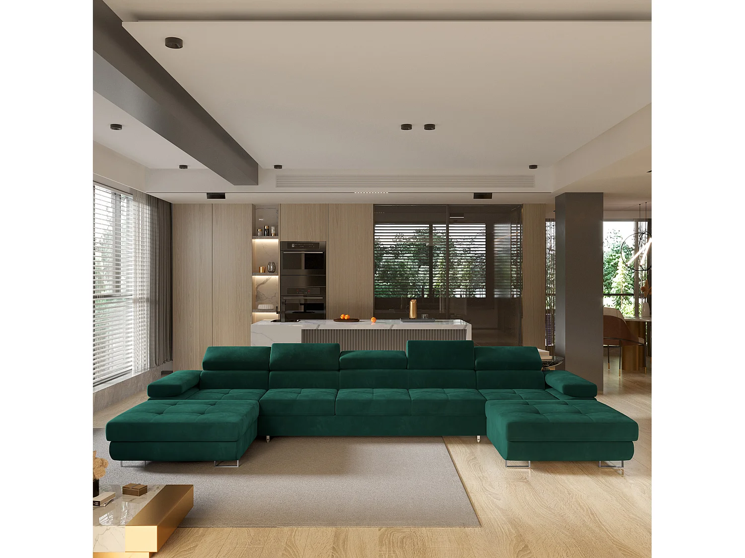 Canapé d'angle OMBRA Vert en velours avec fonction de couchage