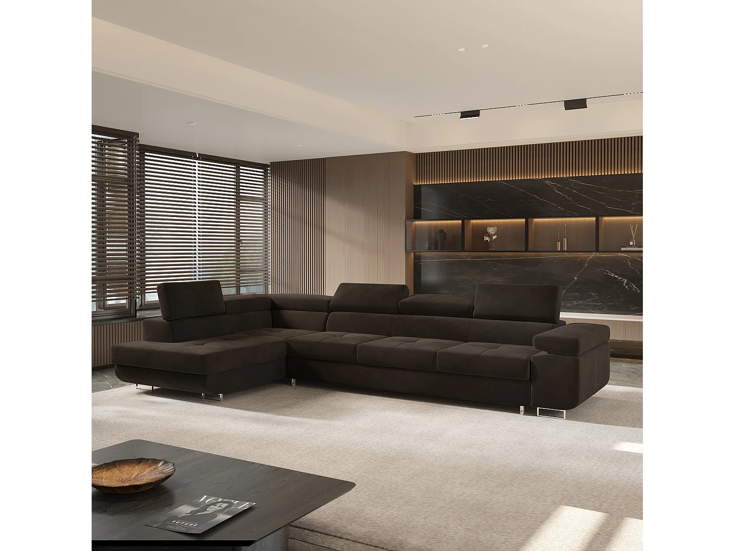 Canapé d'angle VICENTE Marron en velours avec fonction de couchage