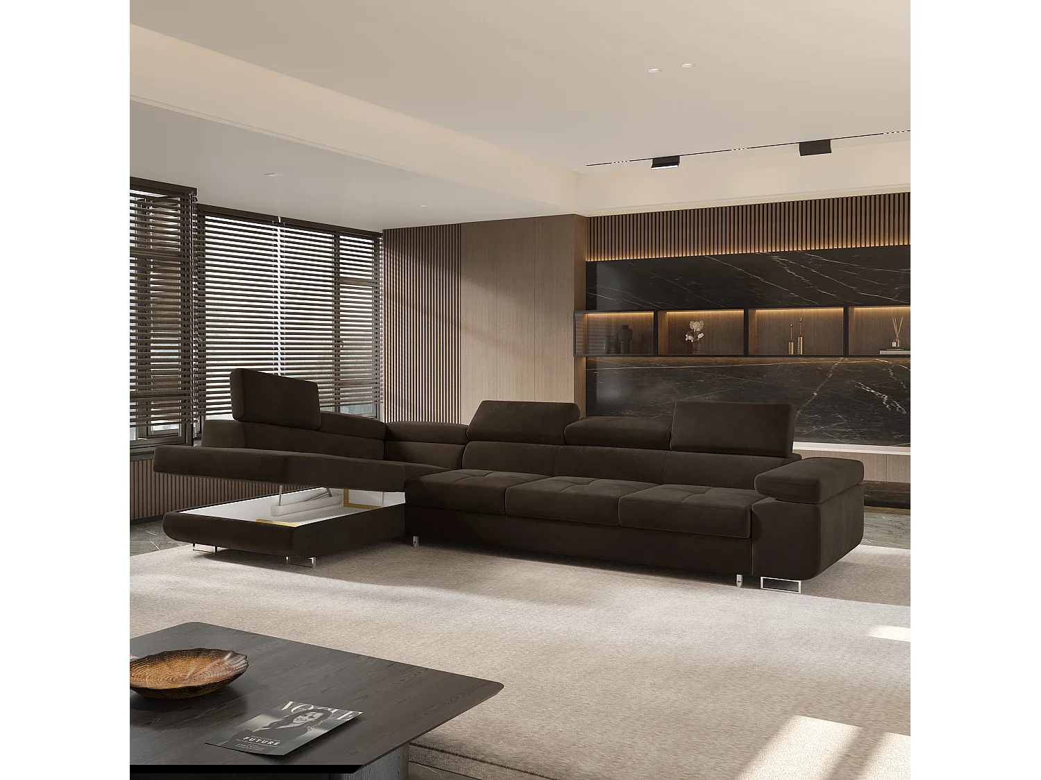 Canapé d'angle VICENTE Marron en velours avec fonction de couchage