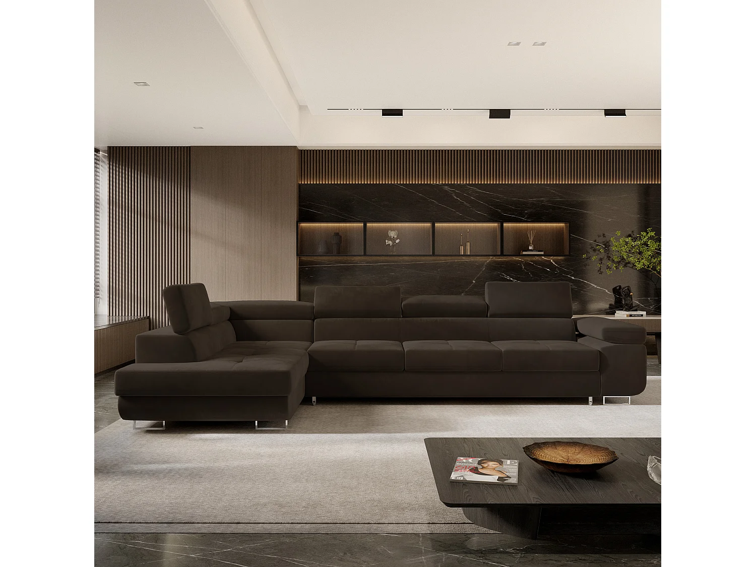 Canapé d'angle VICENTE Marron en velours avec fonction de couchage