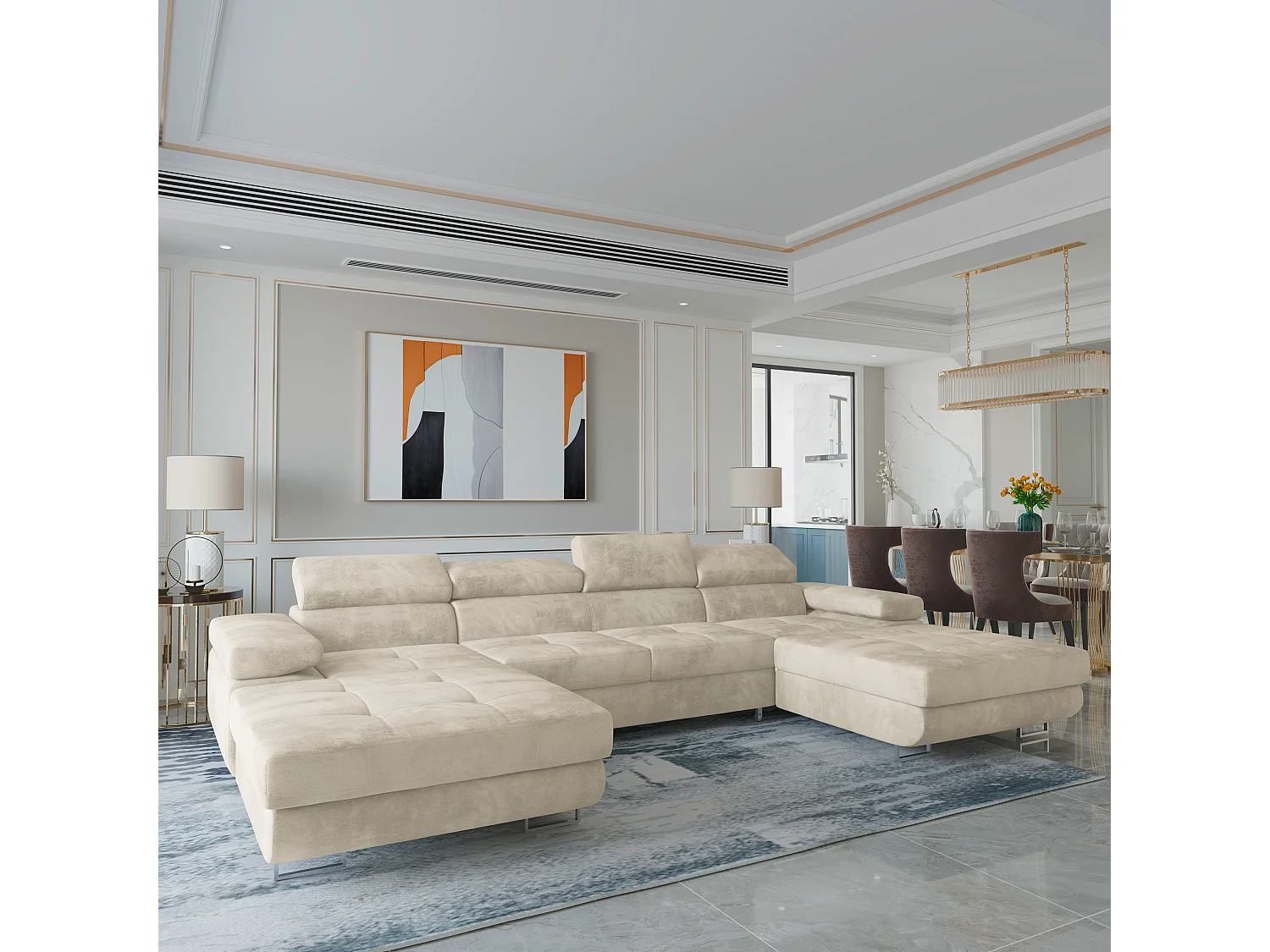 Canapé d'angle LYKKE Crème en velours avec fonction de couchage