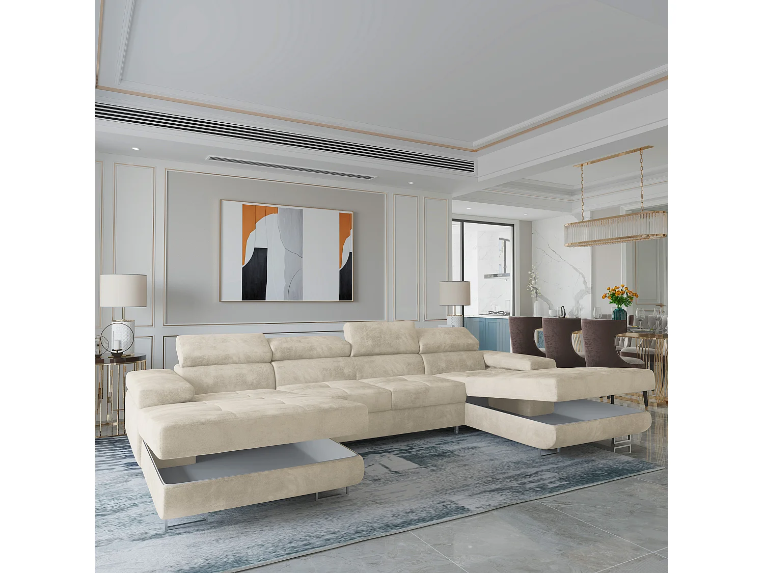 Canapé d'angle LYKKE Crème en velours avec fonction de couchage