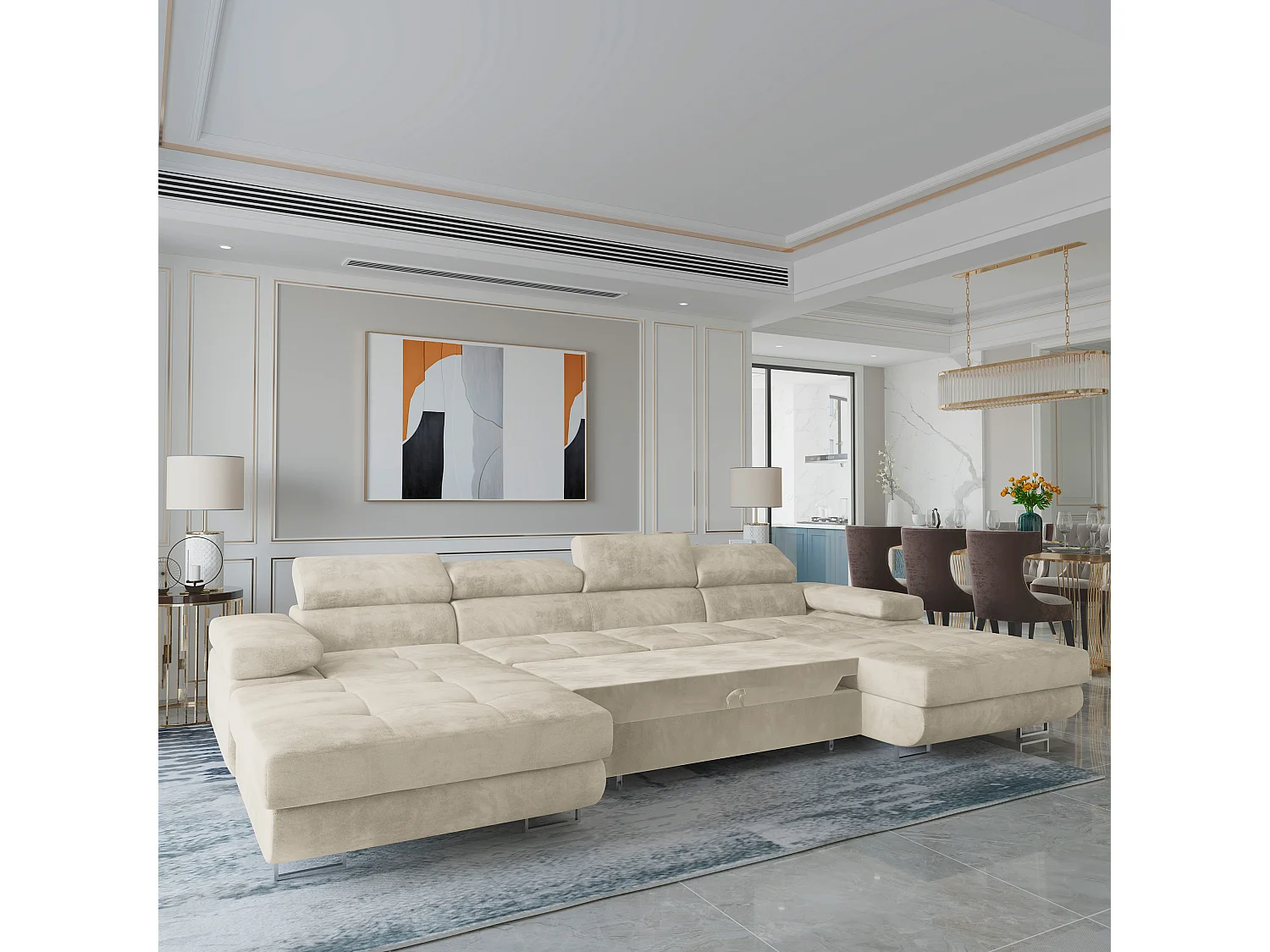 Canapé d'angle LYKKE Crème en velours avec fonction de couchage