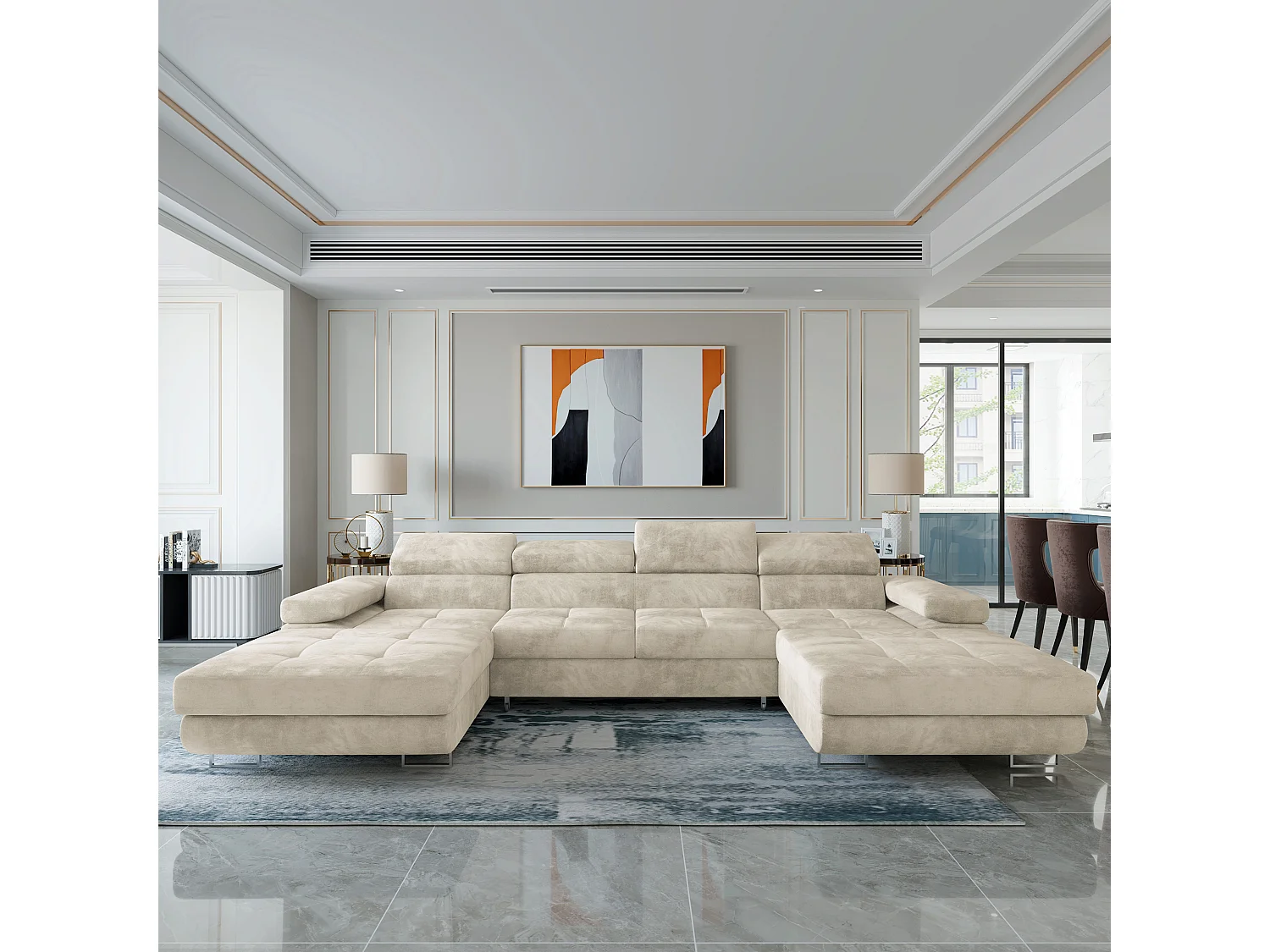 Canapé d'angle LYKKE Crème en velours avec fonction de couchage