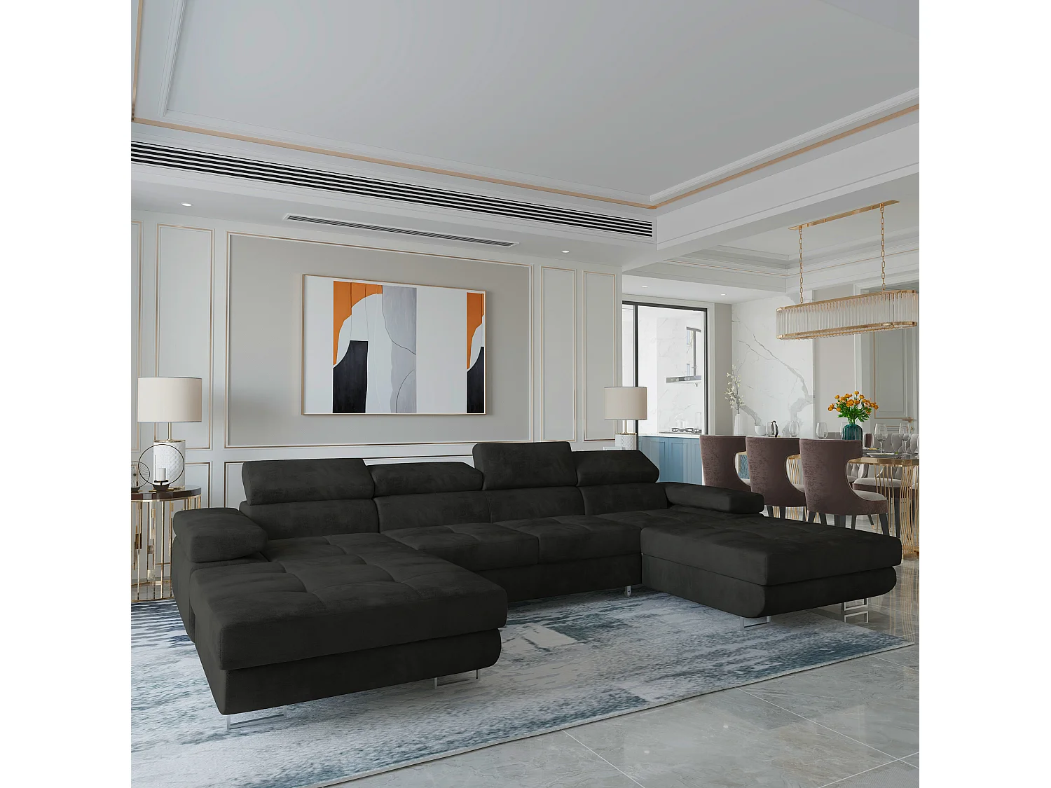 Canapé d'angle LYKKE Noir en velours avec fonction de couchage