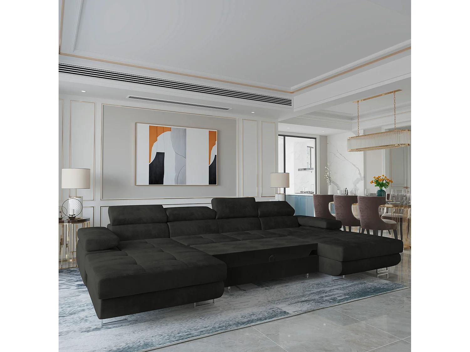 Canapé d'angle LYKKE Noir en velours avec fonction de couchage