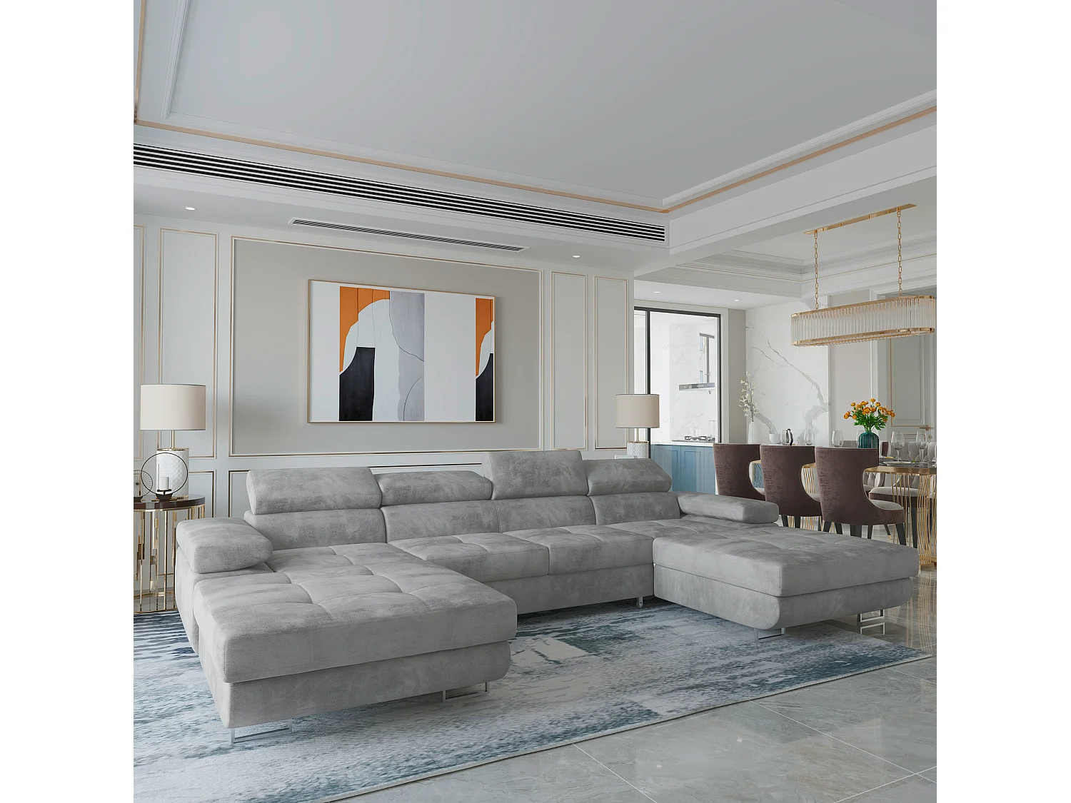 Canapé d'angle LYKKE Gris clair en velours avec fonction de couchage