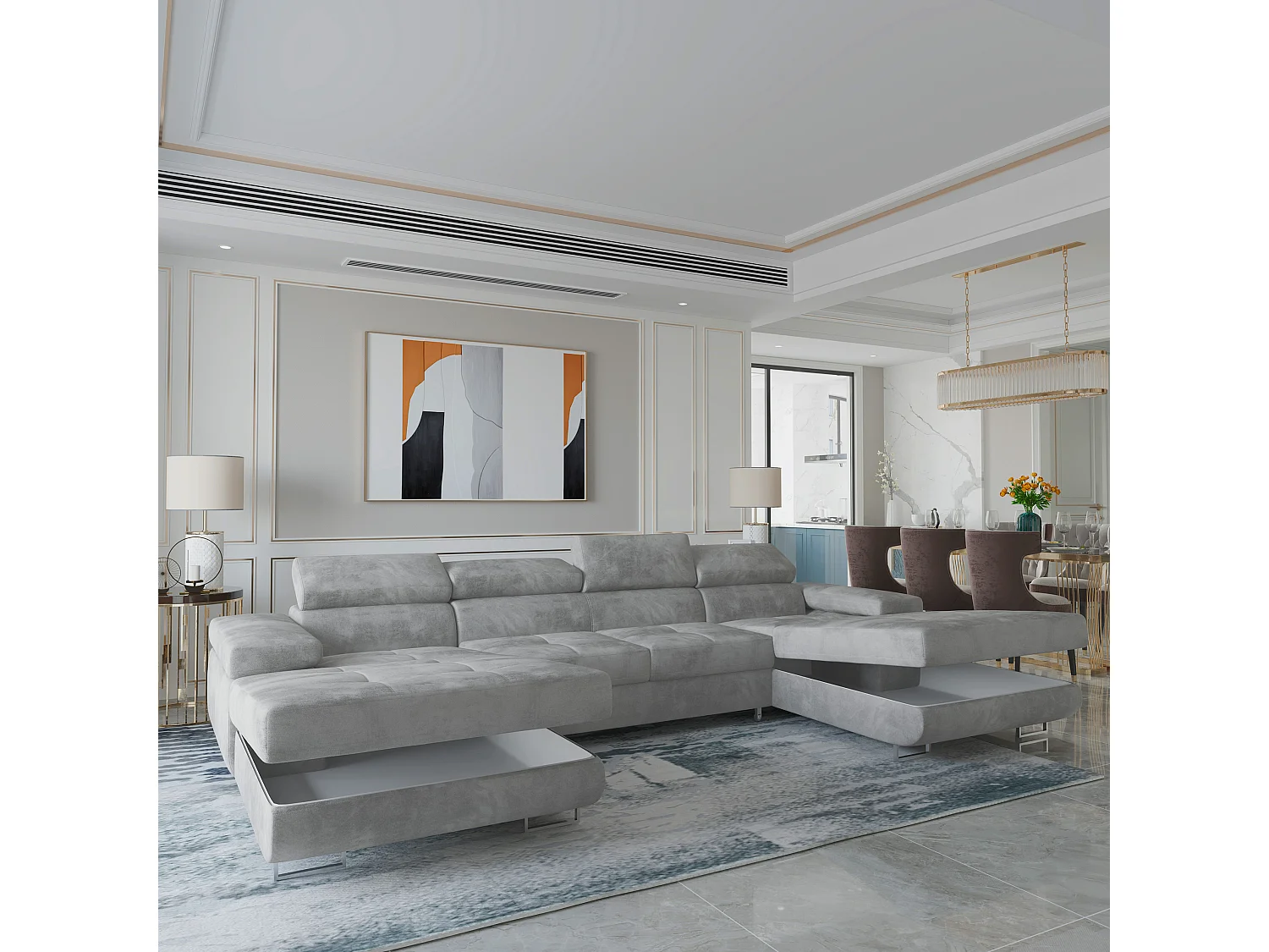 Canapé d'angle LYKKE Gris clair en velours avec fonction de couchage