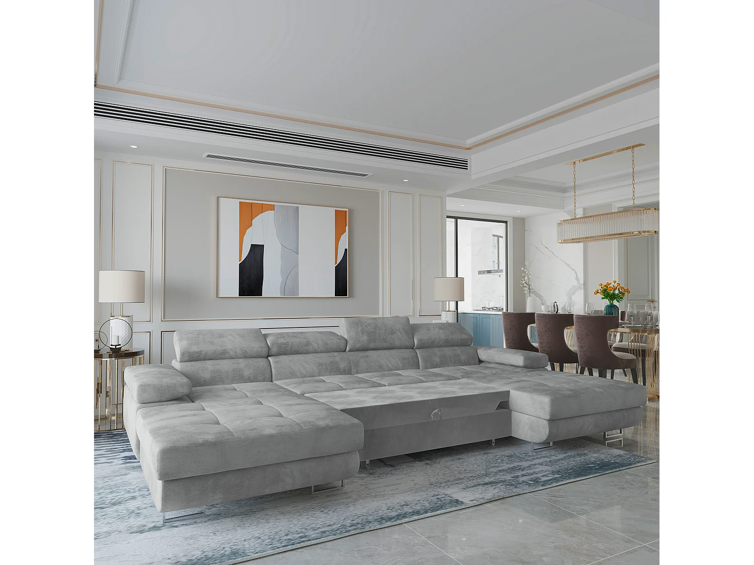 Canapé d'angle LYKKE Gris clair en velours avec fonction de couchage