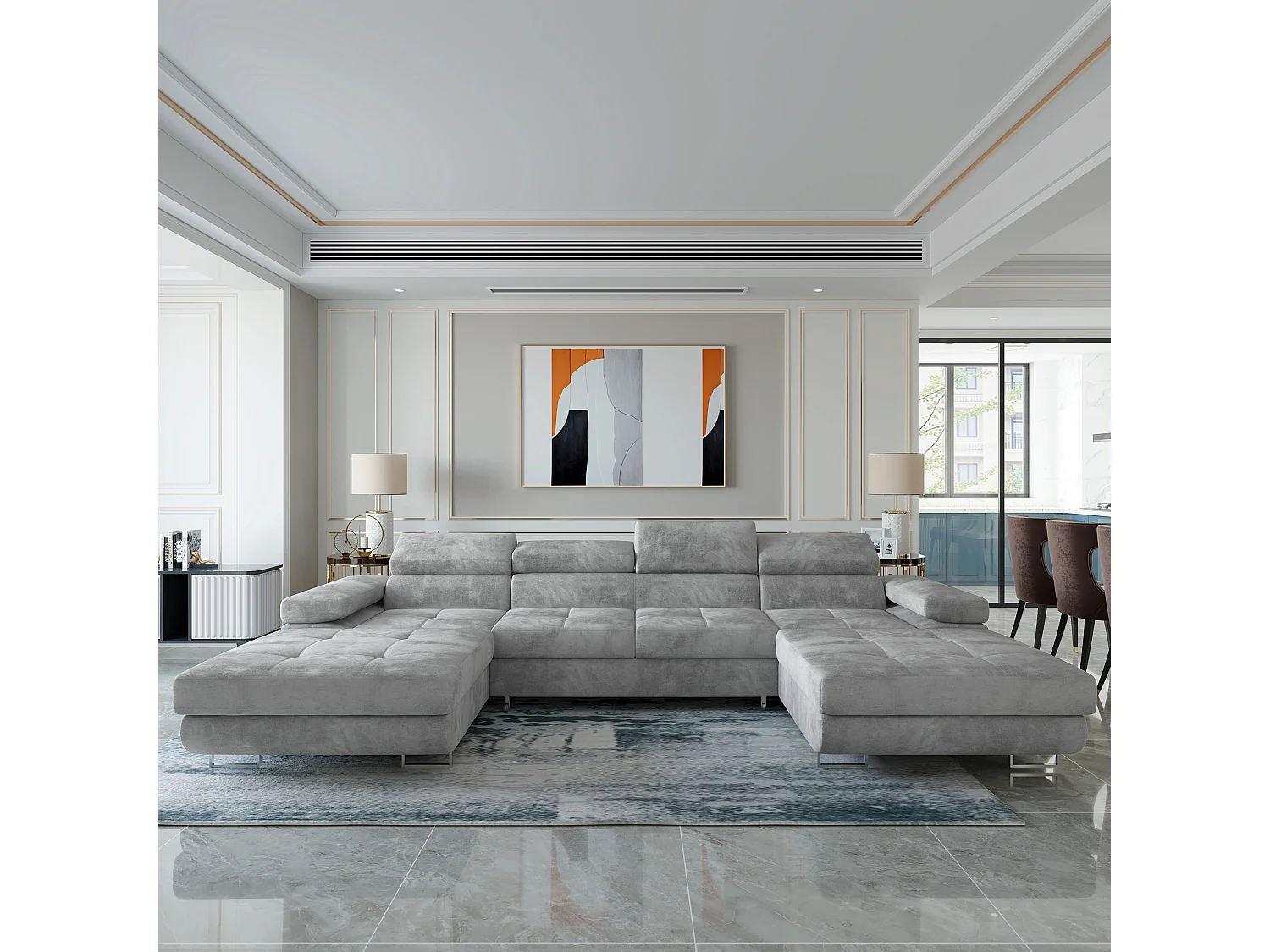 Canapé d'angle LYKKE Gris clair en velours avec fonction de couchage