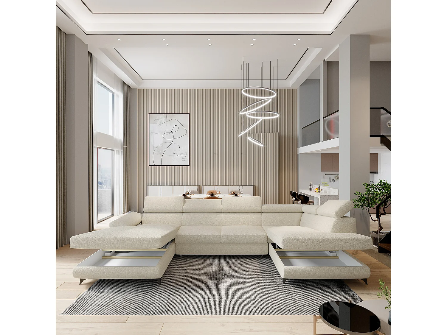 Canapé D'angle Rubano Crème En Bouclé Avec Fonction De Couchage