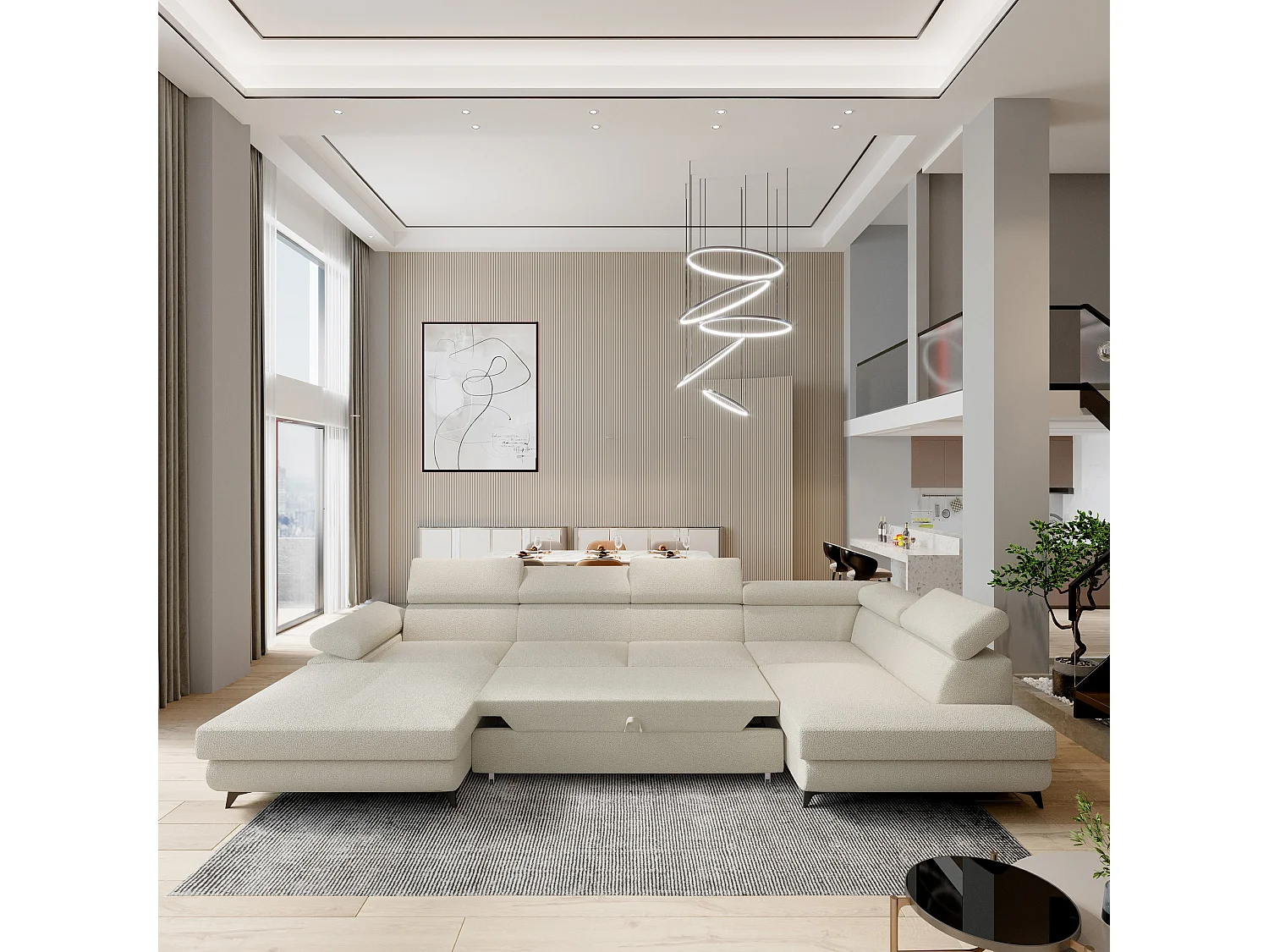 Canapé D'angle Rubano Crème En Bouclé Avec Fonction De Couchage