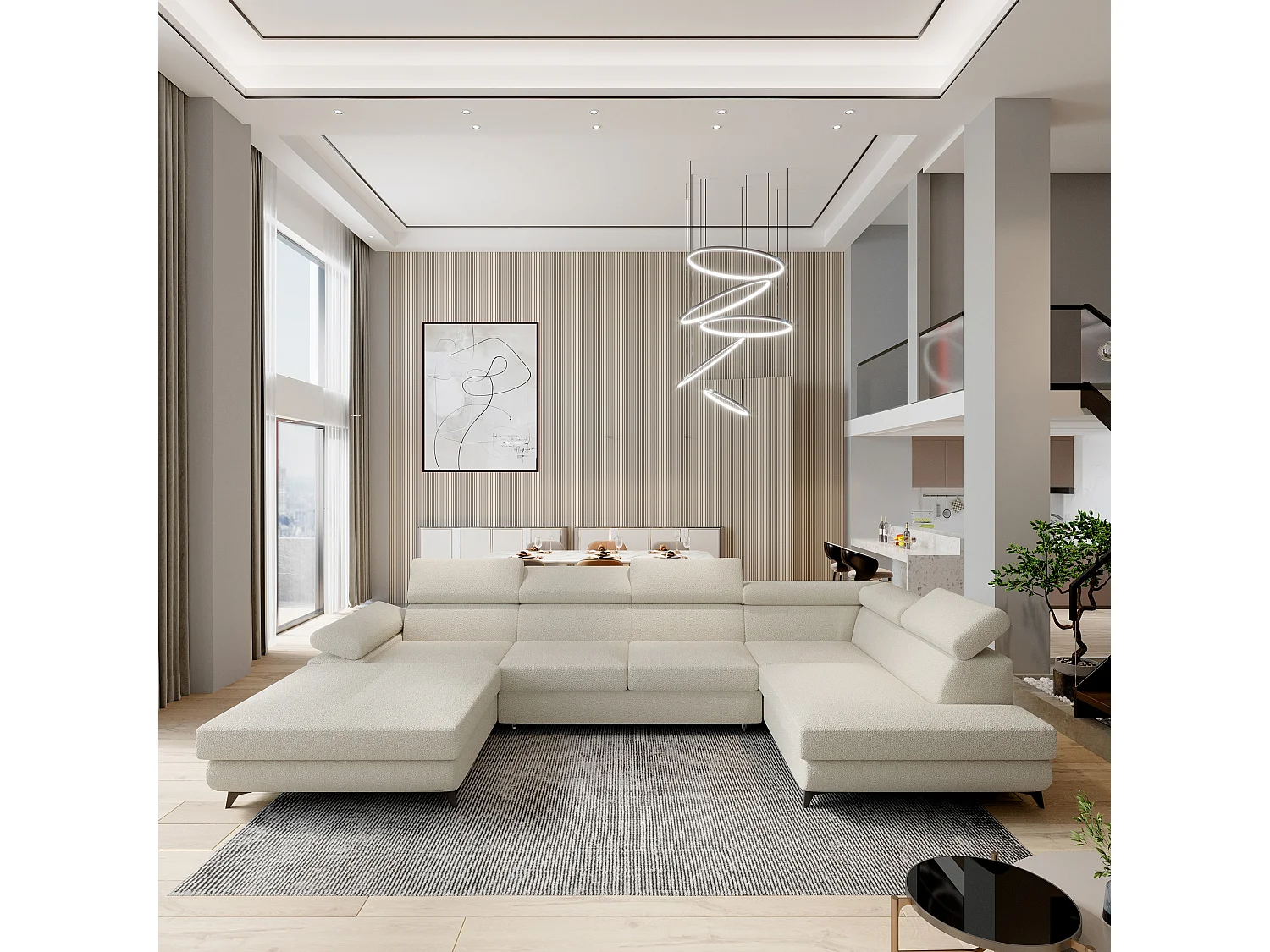 Canapé D'angle Rubano Crème En Bouclé Avec Fonction De Couchage