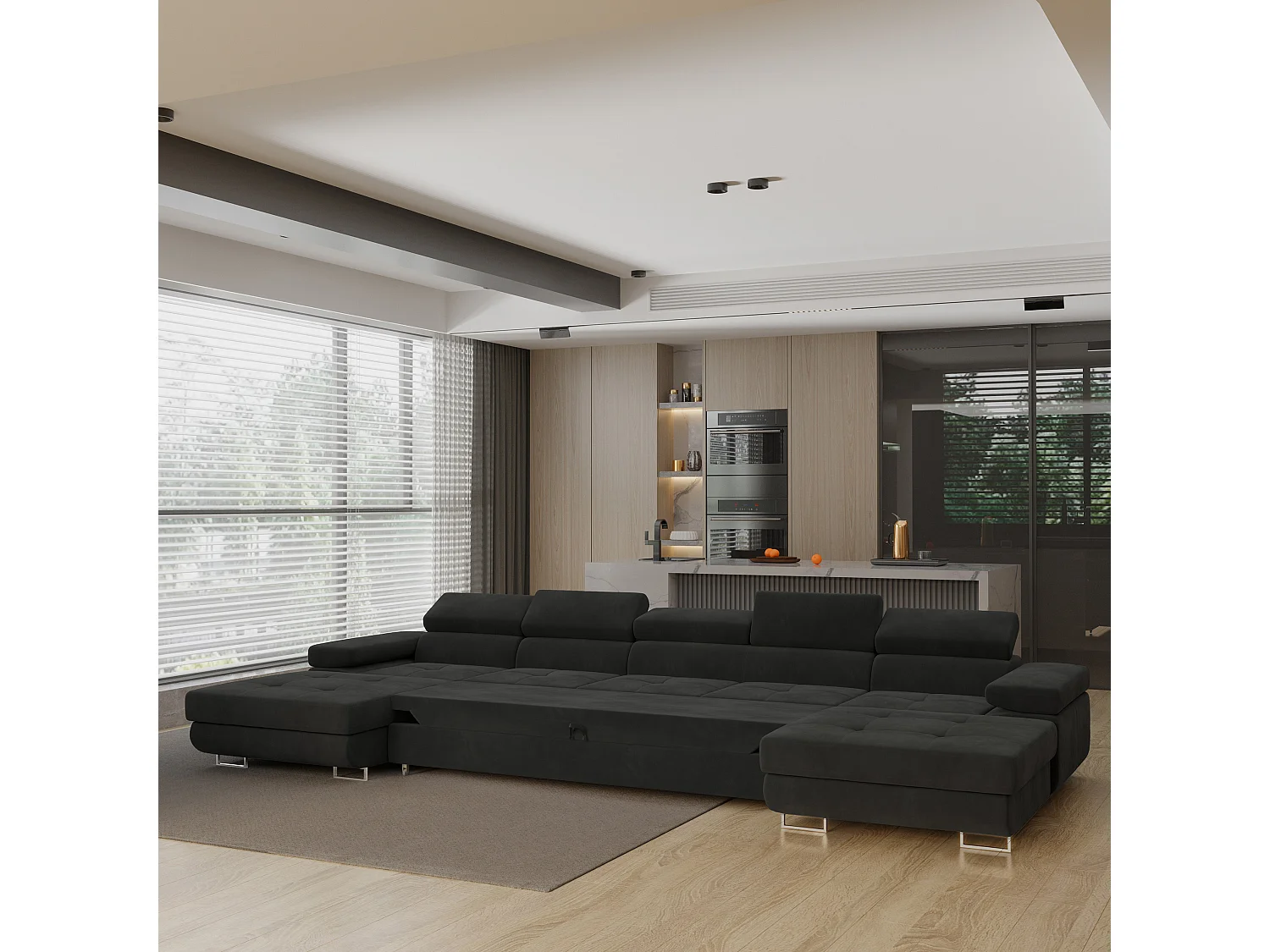 Canapé d'angle OMBRA Noir en velours avec fonction de couchage