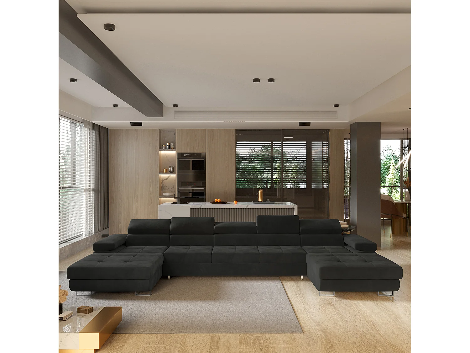 Canapé d'angle OMBRA Noir en velours avec fonction de couchage