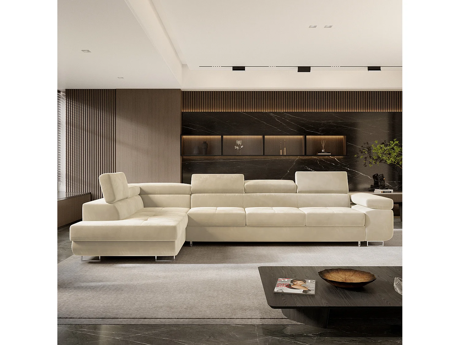 Canapé d'angle VICENTE Crème en velours avec fonction de couchage