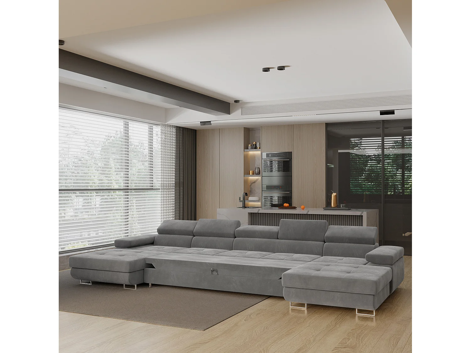 Canapé d'angle OMBRA Gris en velours avec fonction de couchage