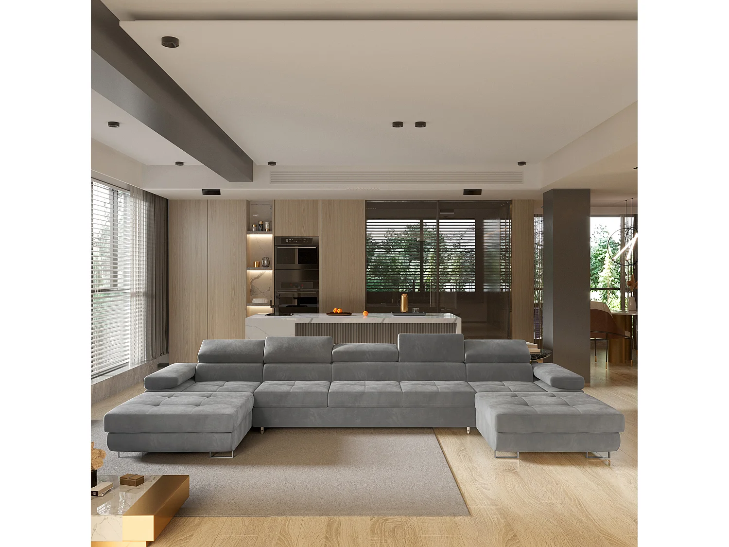 Canapé d'angle OMBRA Gris en velours avec fonction de couchage