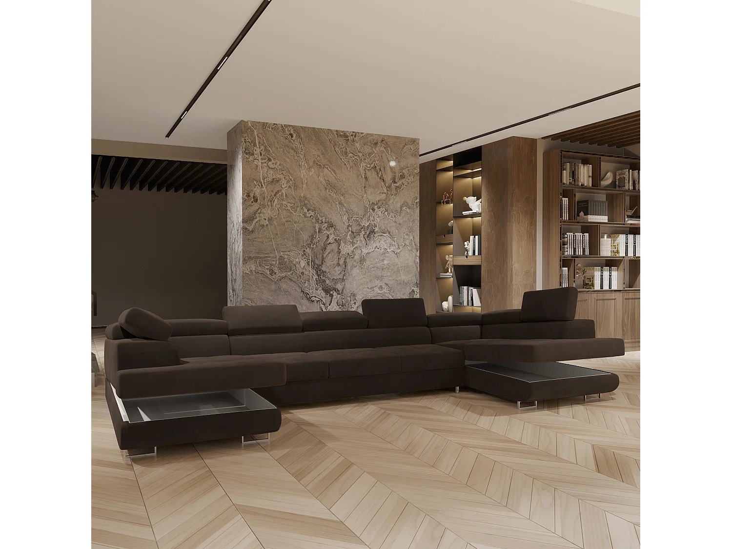 Canapé d'angle ISOLANO Marron en velours avec fonction de couchage