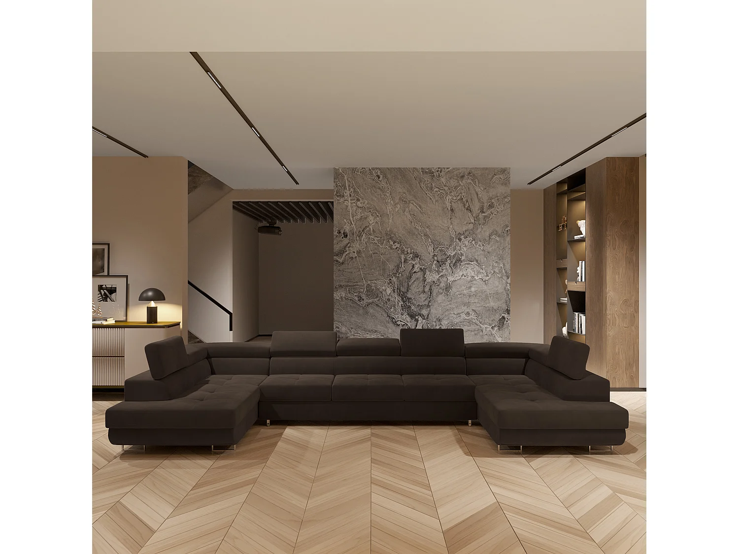 Canapé d'angle ISOLANO Marron en velours avec fonction de couchage