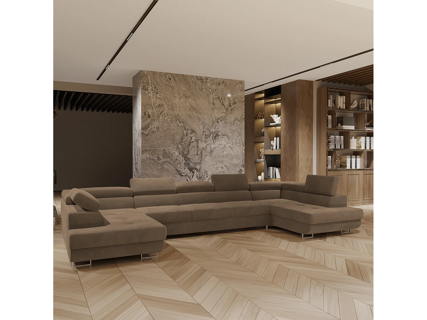 Canapé d'angle ISOLANO Beige en velours avec fonction de couchage