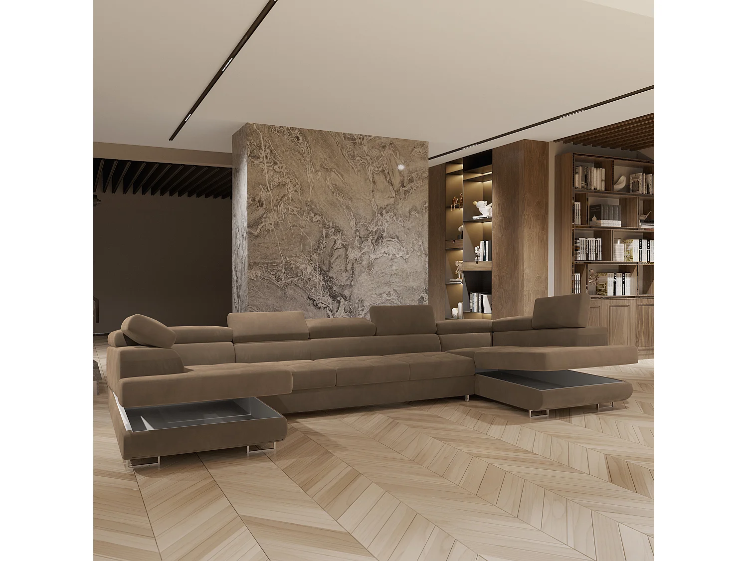 Canapé d'angle ISOLANO Beige en velours avec fonction de couchage