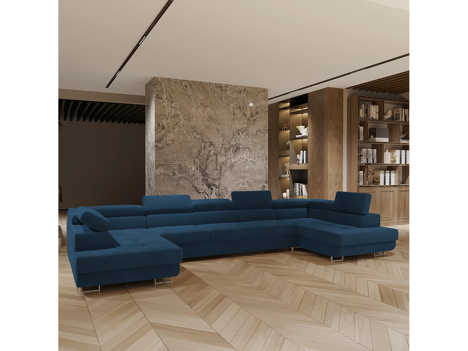 Canapé d'angle ISOLANO Bleu en velours avec fonction de couchage