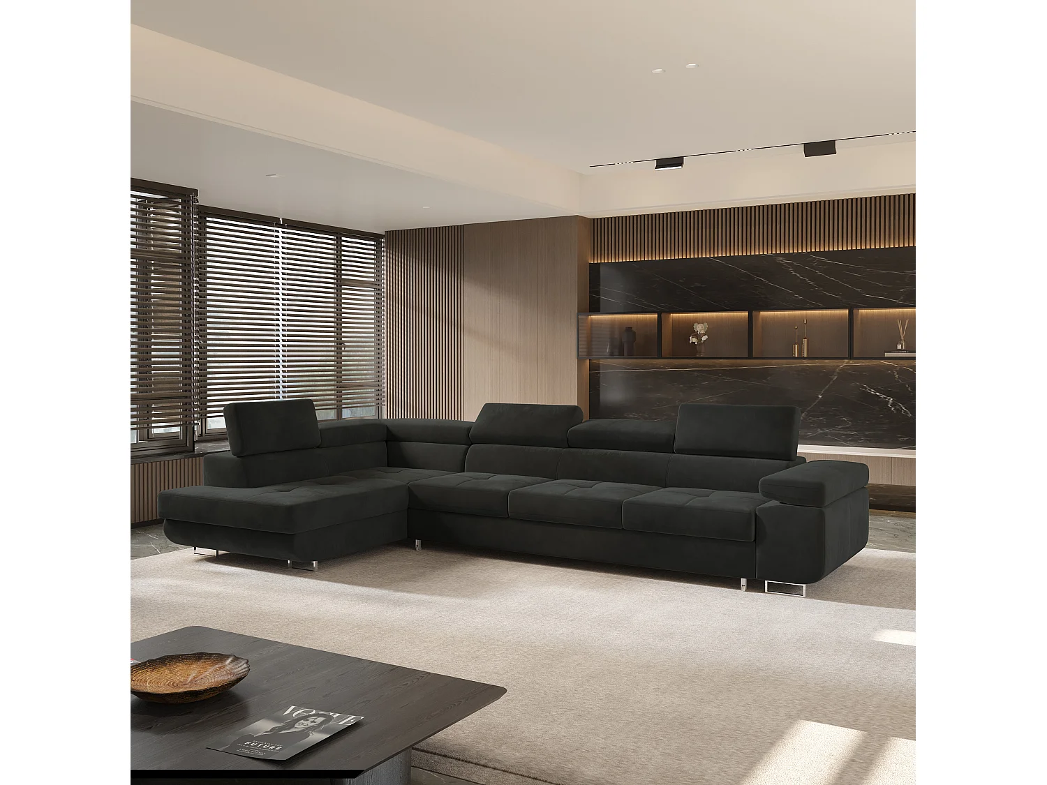 Canapé d'angle VICENTE Noir en velours avec fonction de couchage