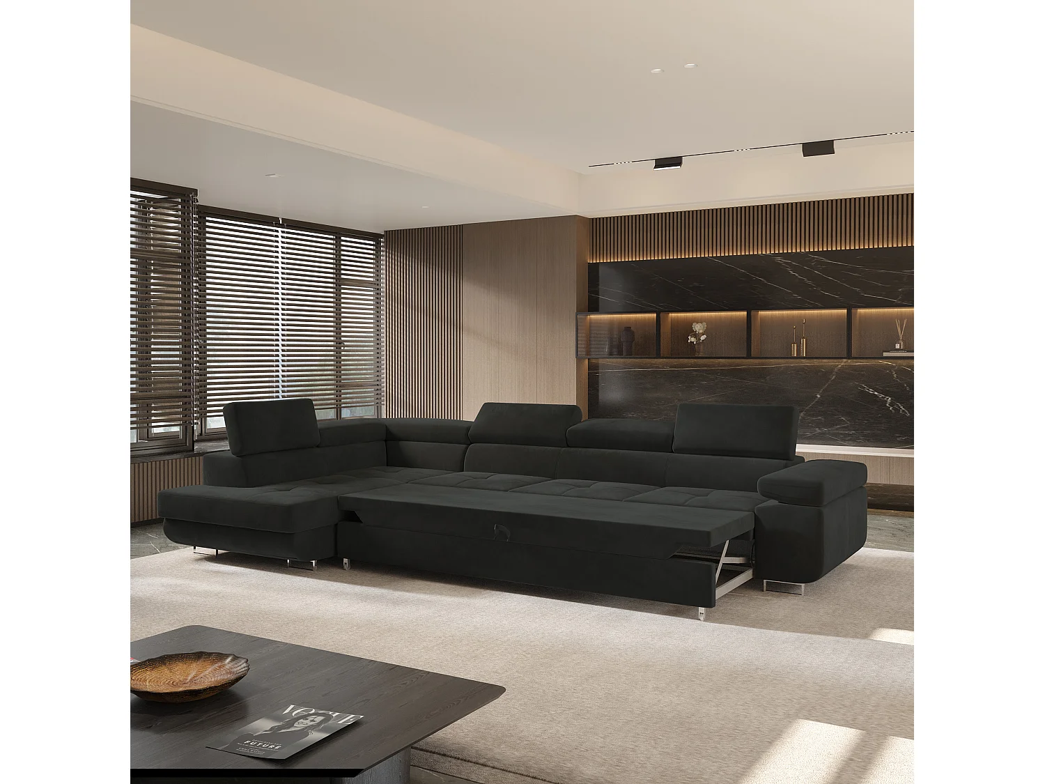 Canapé d'angle VICENTE Noir en velours avec fonction de couchage