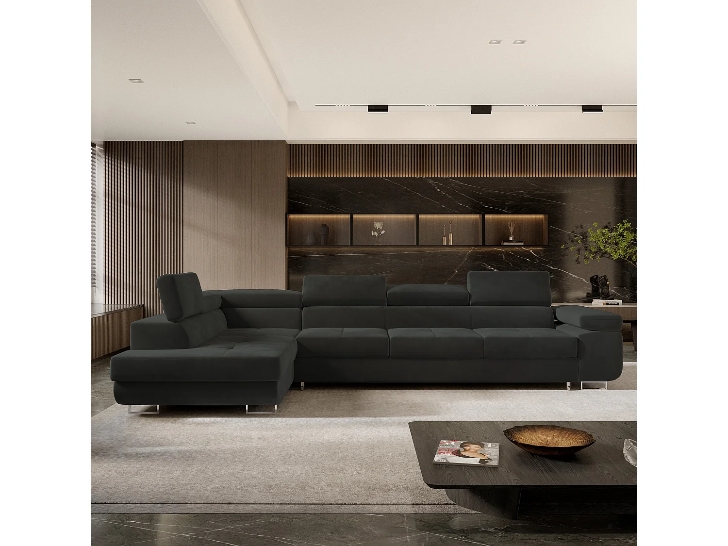 Canapé d'angle VICENTE Noir en velours avec fonction de couchage