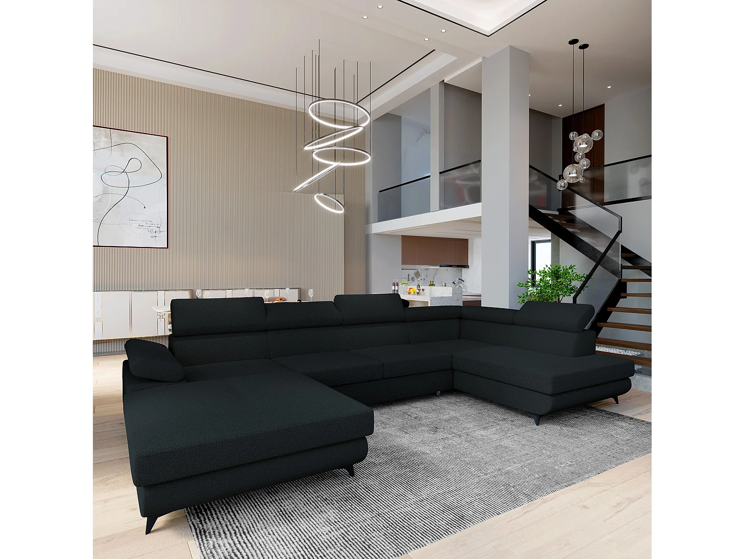 Canapé D'angle Rubano Noir En Bouclé Avec Fonction De Couchage