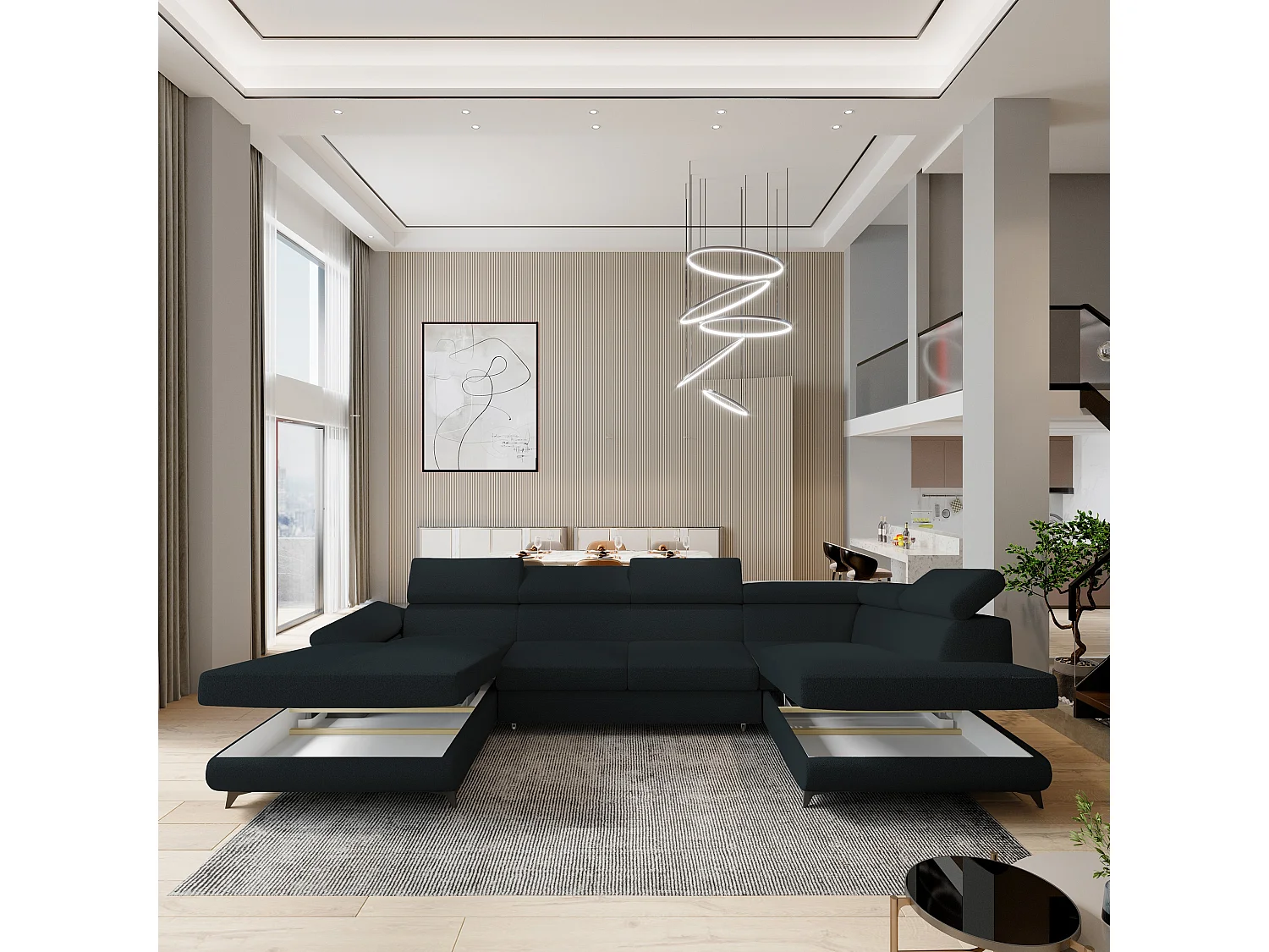 Canapé D'angle Rubano Noir En Bouclé Avec Fonction De Couchage