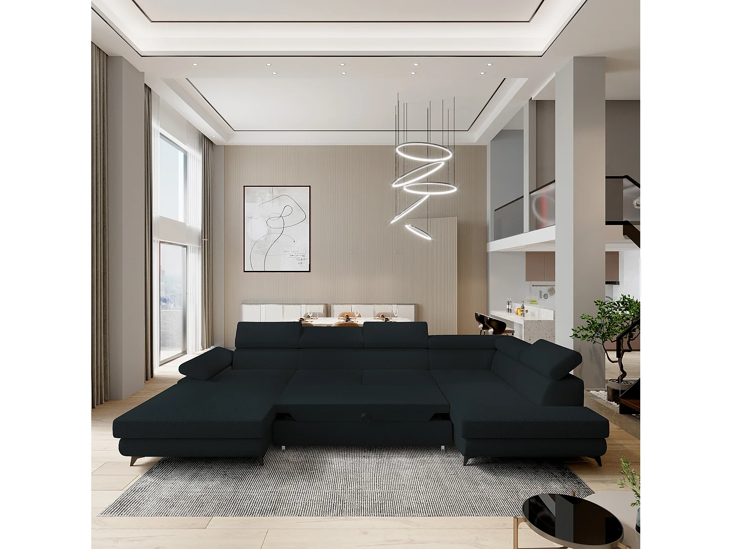 Canapé D'angle Rubano Noir En Bouclé Avec Fonction De Couchage