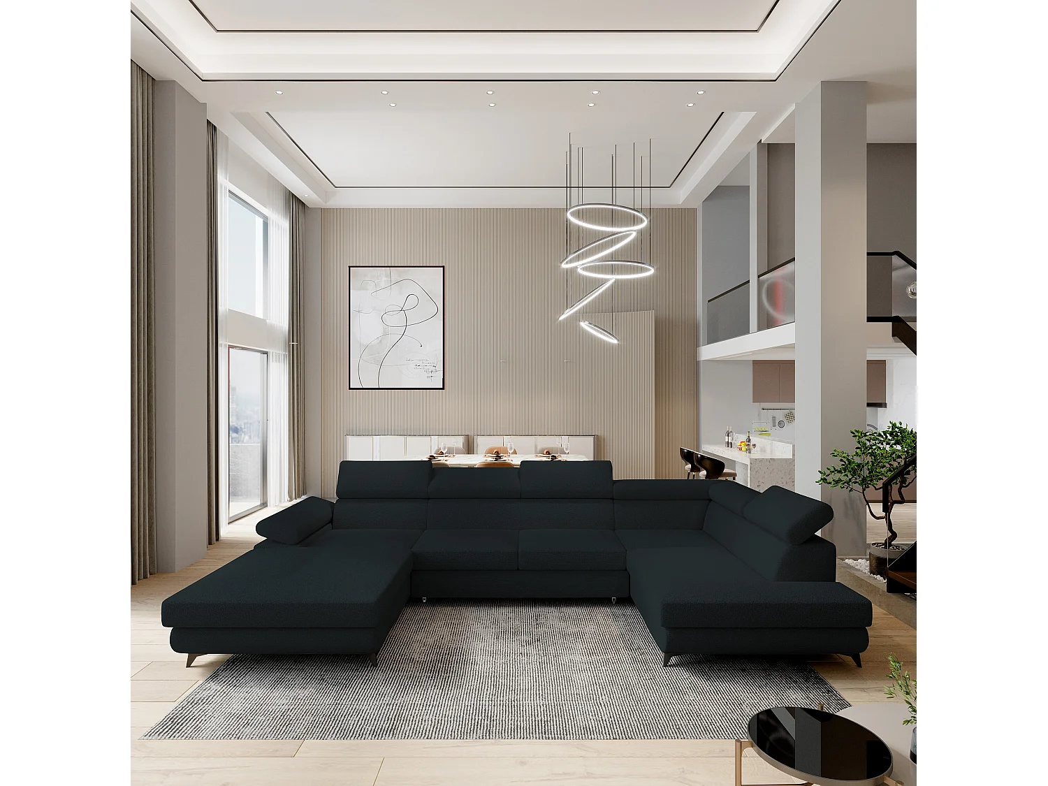 Canapé D'angle Rubano Noir En Bouclé Avec Fonction De Couchage