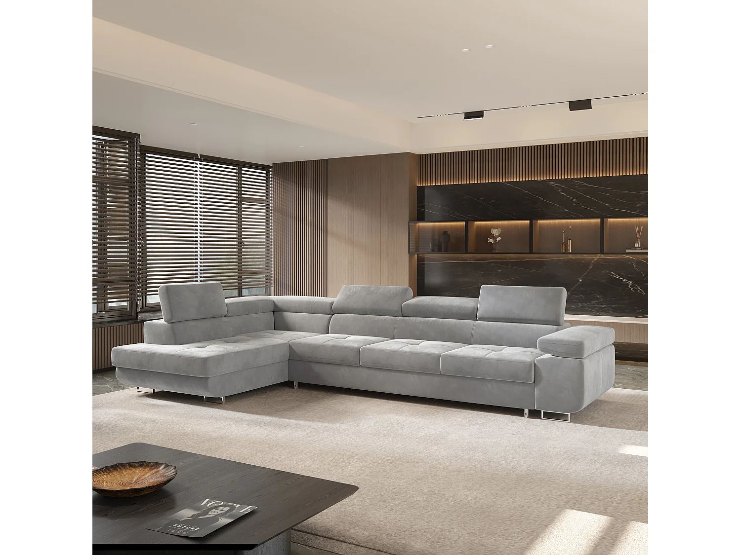 Canapé d'angle VICENTE Gris clair en velours avec fonction de couchage