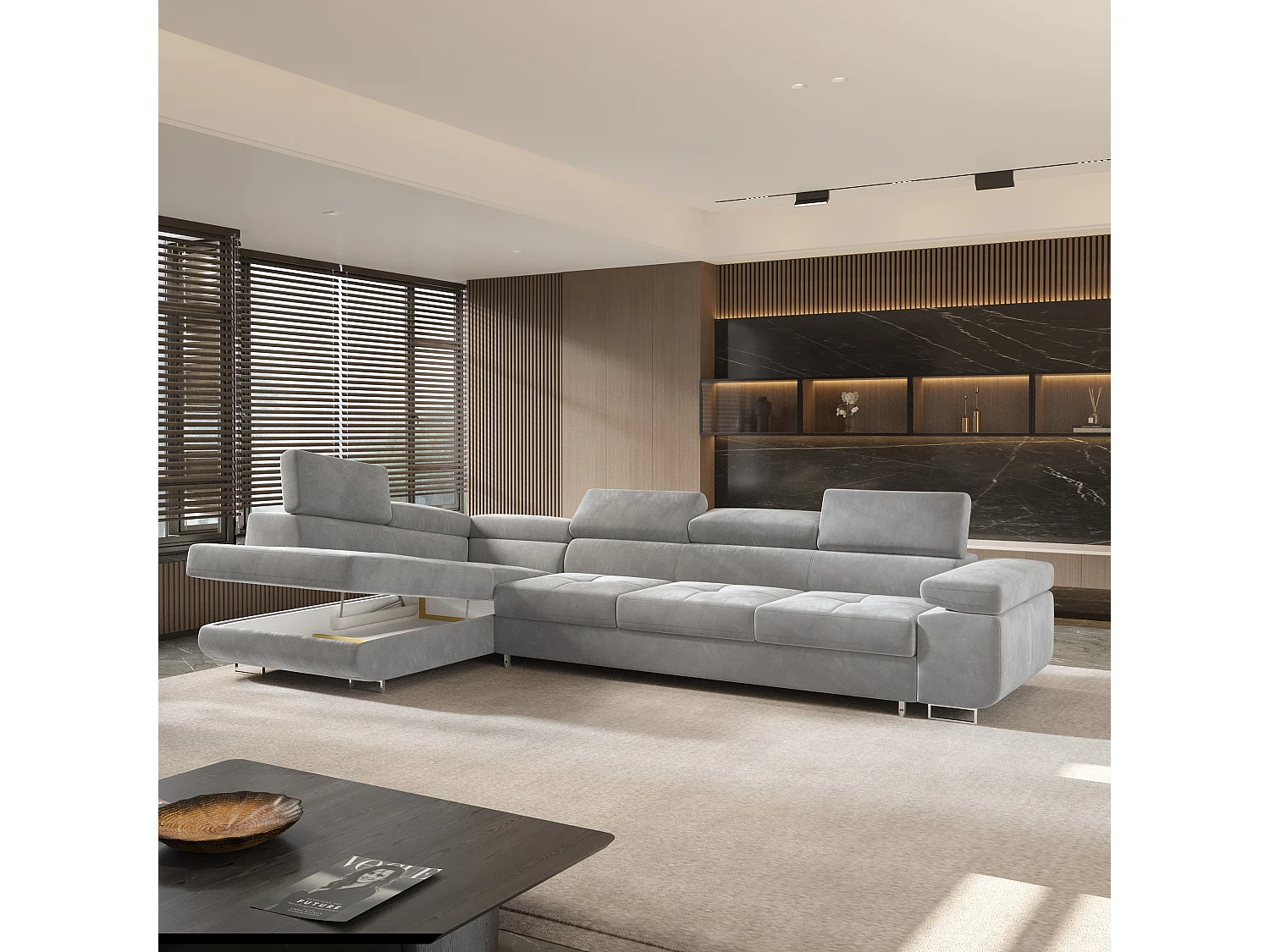 Canapé d'angle VICENTE Gris clair en velours avec fonction de couchage