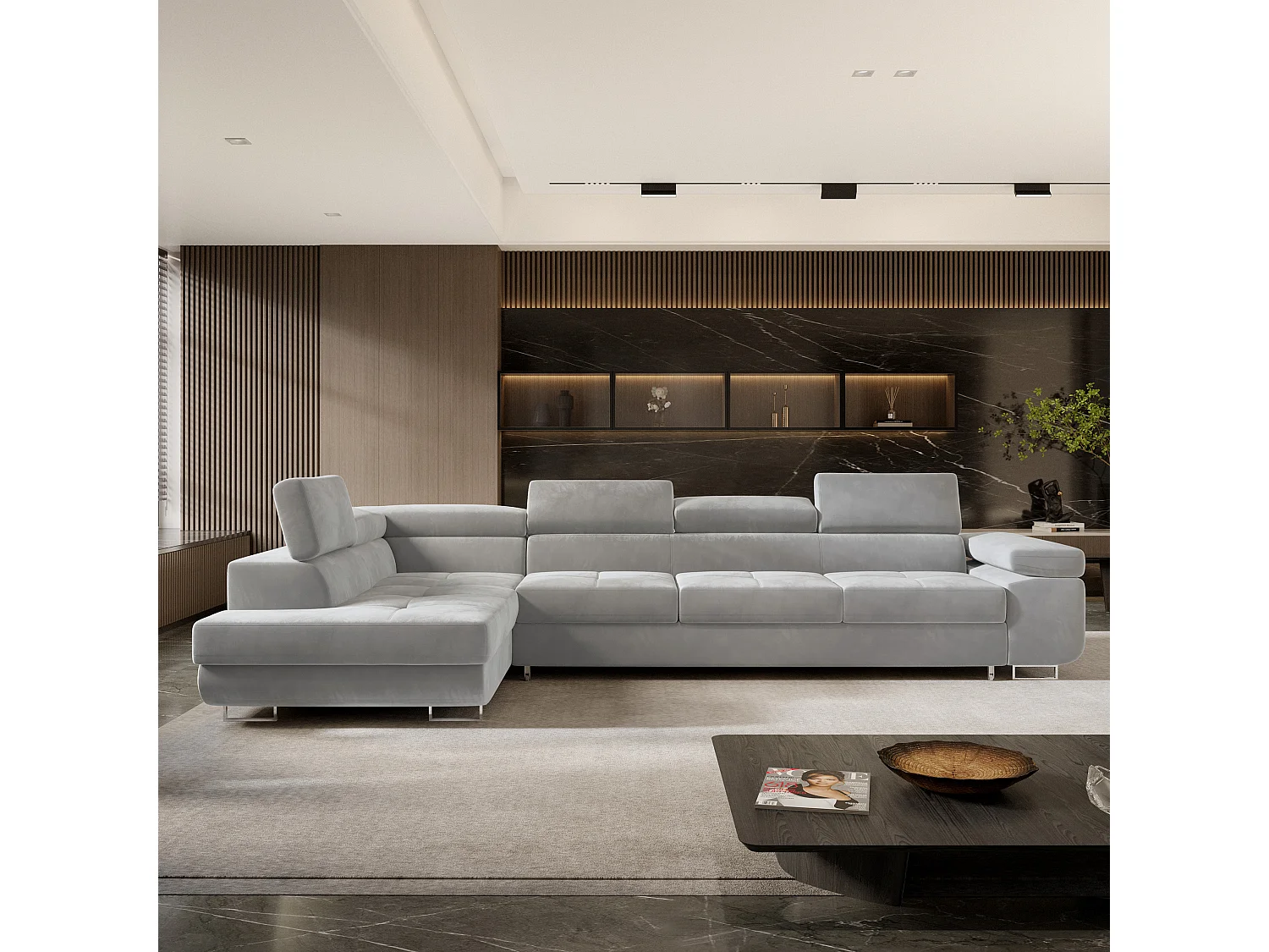 Canapé d'angle VICENTE Gris clair en velours avec fonction de couchage