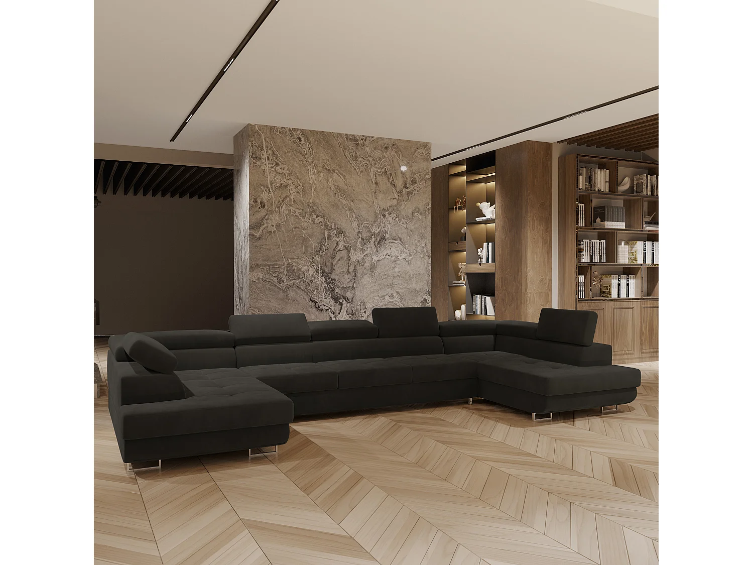 Canapé d'angle ISOLANO Noir en velours avec fonction de couchage