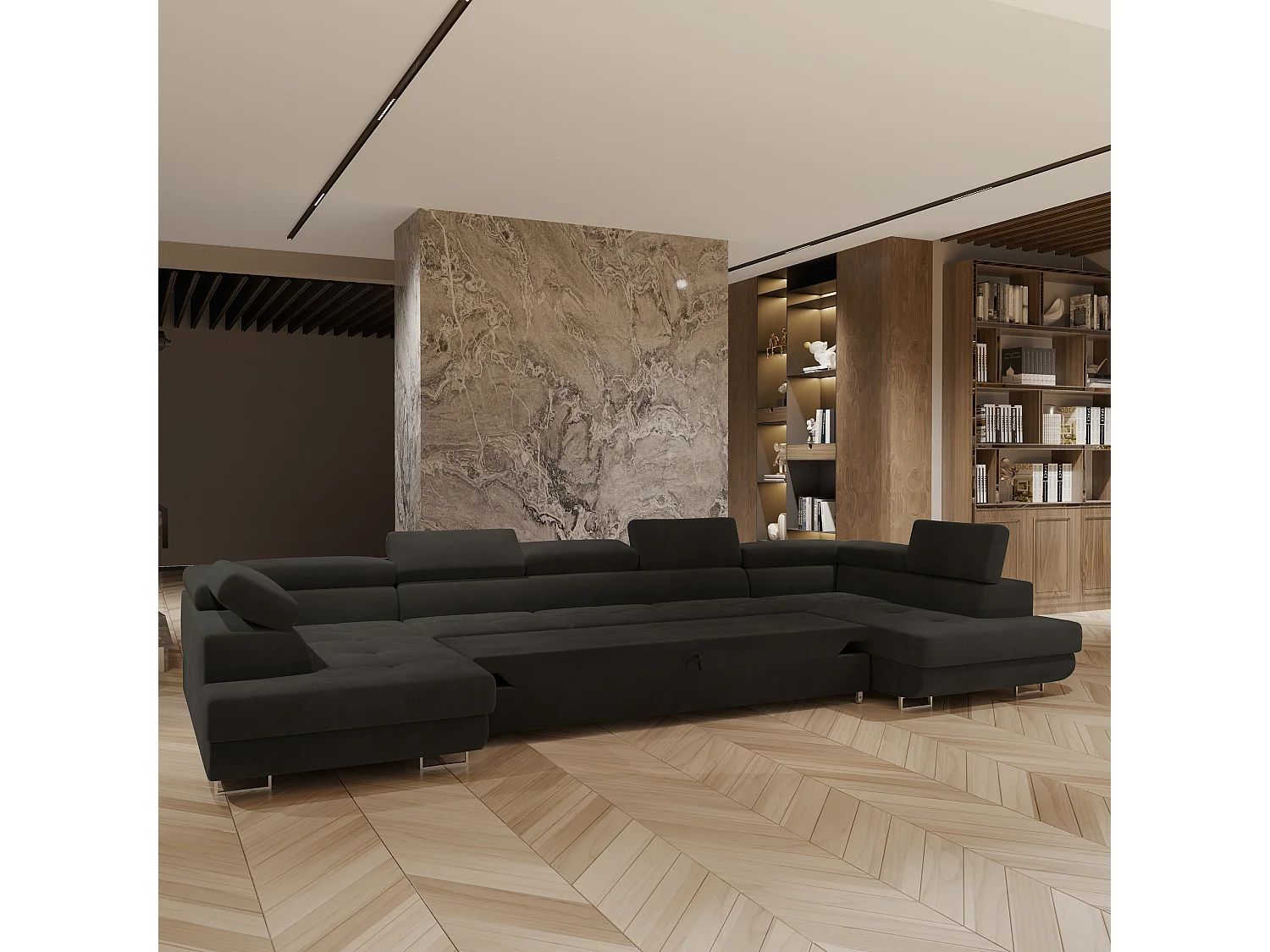 Canapé d'angle ISOLANO Noir en velours avec fonction de couchage