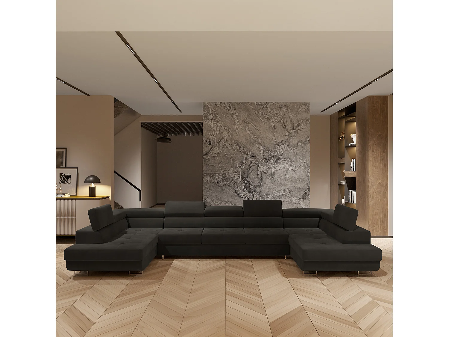 Canapé d'angle ISOLANO Noir en velours avec fonction de couchage