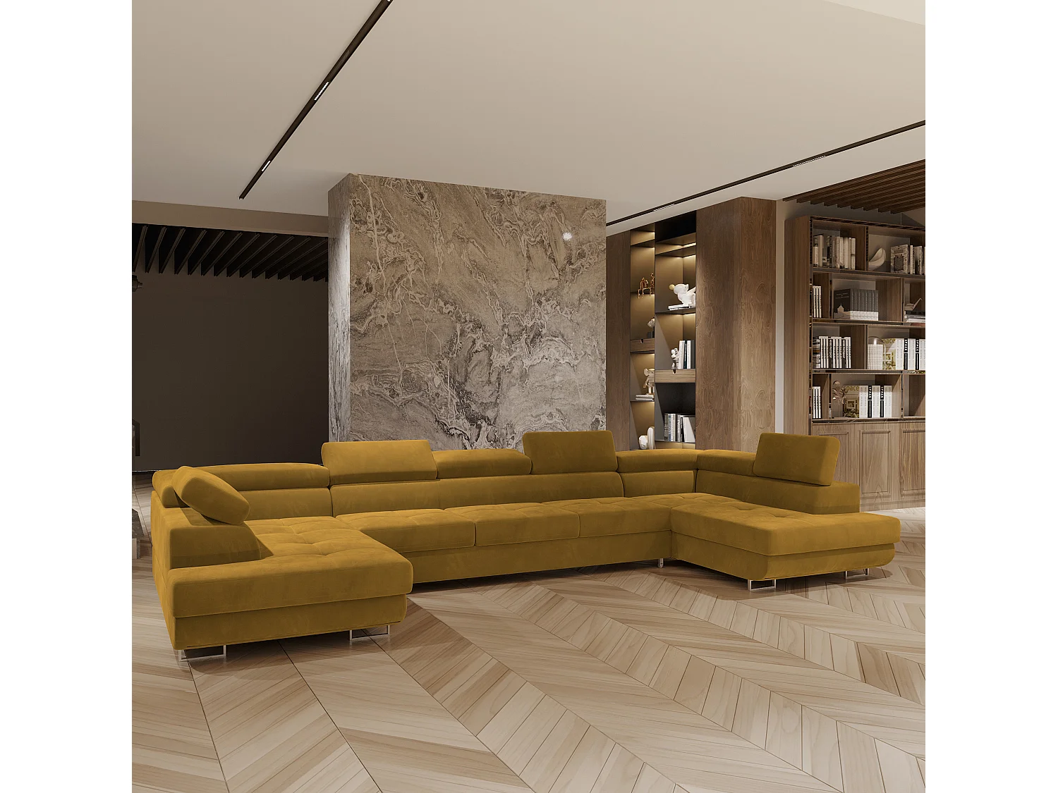 Canapé d'angle ISOLANO Jaune en velours avec fonction de couchage