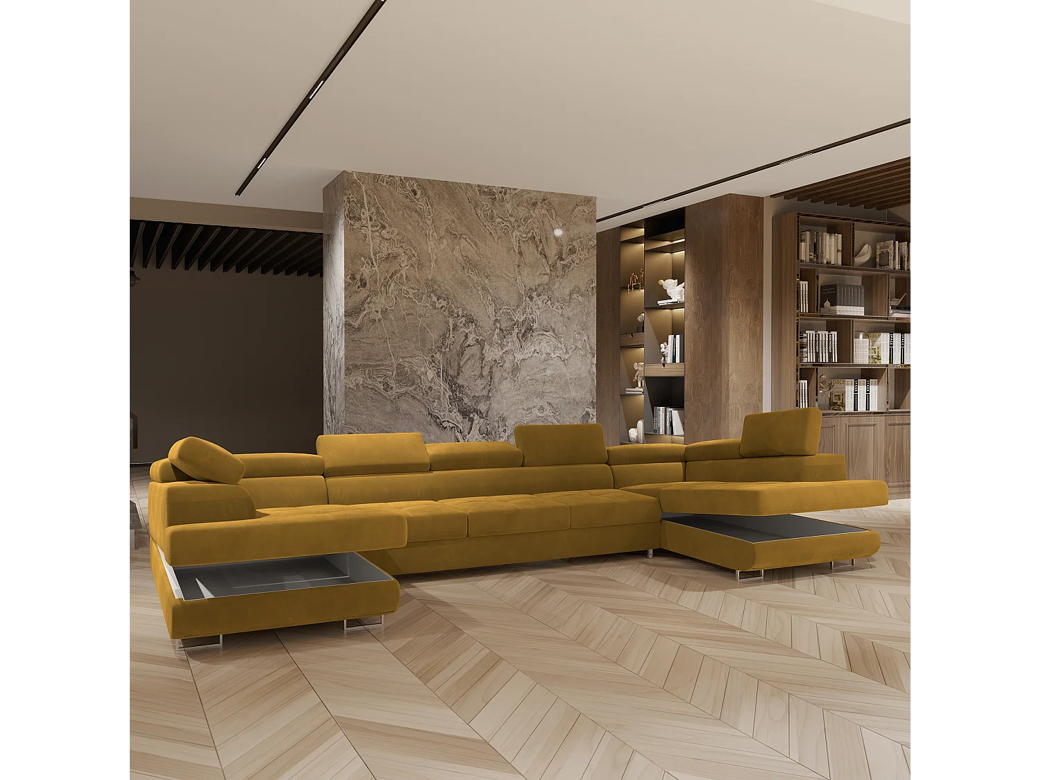 Canapé d'angle ISOLANO Jaune en velours avec fonction de couchage