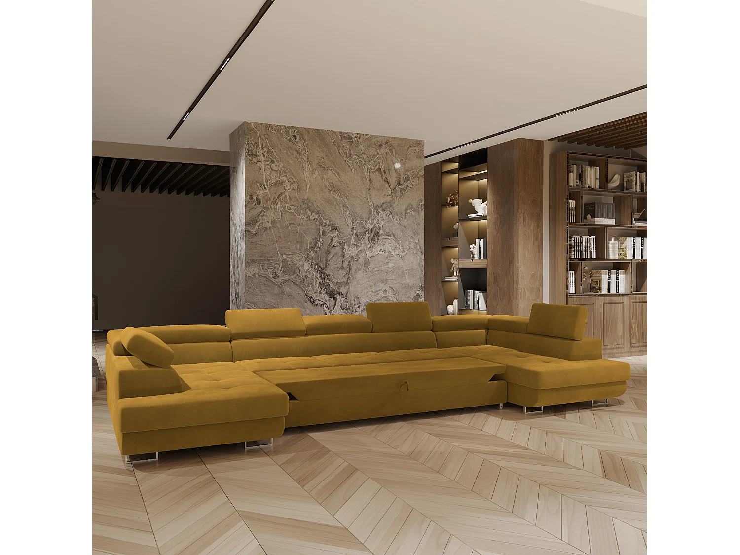 Canapé d'angle ISOLANO Jaune en velours avec fonction de couchage