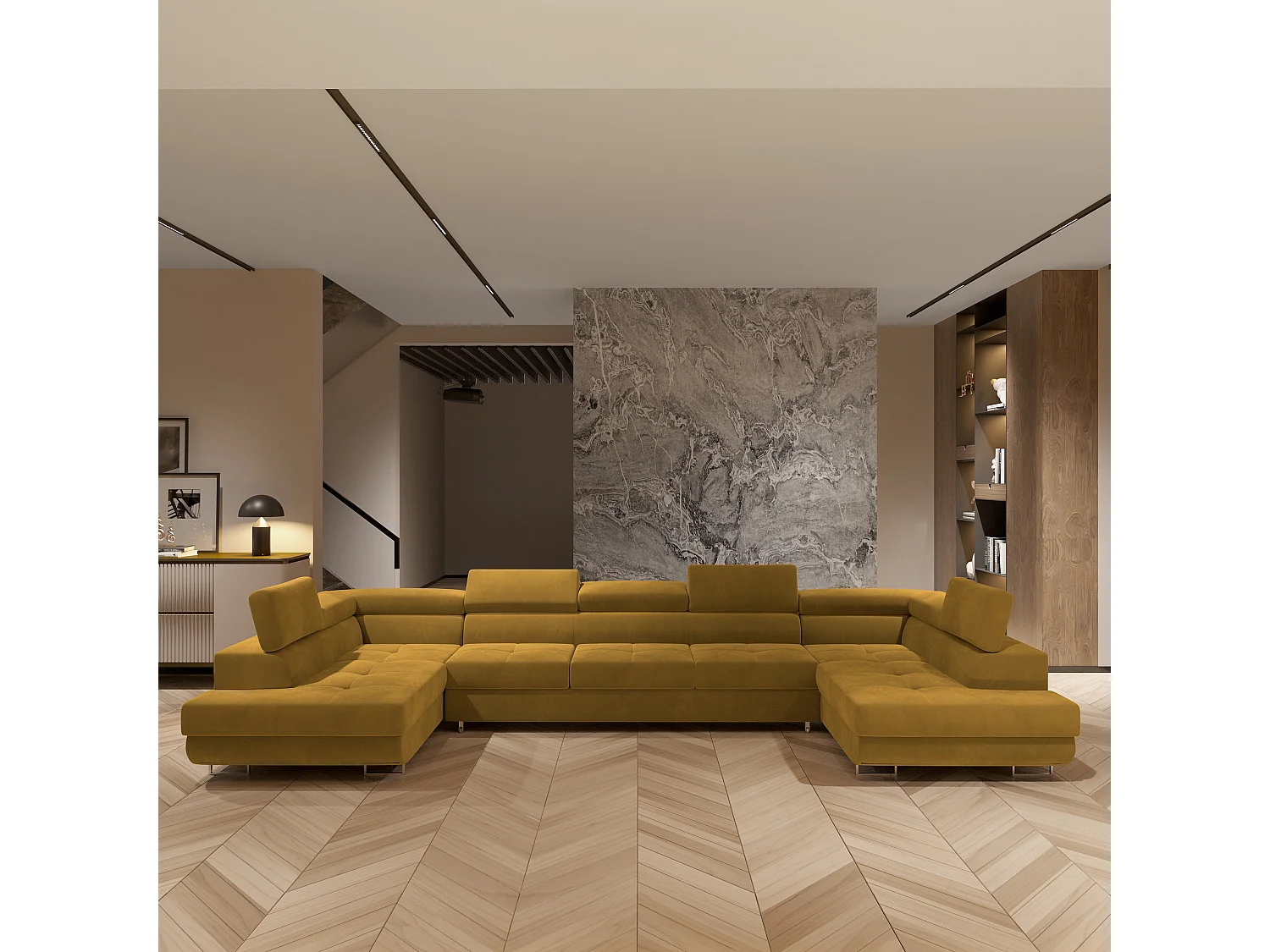 Canapé d'angle ISOLANO Jaune en velours avec fonction de couchage