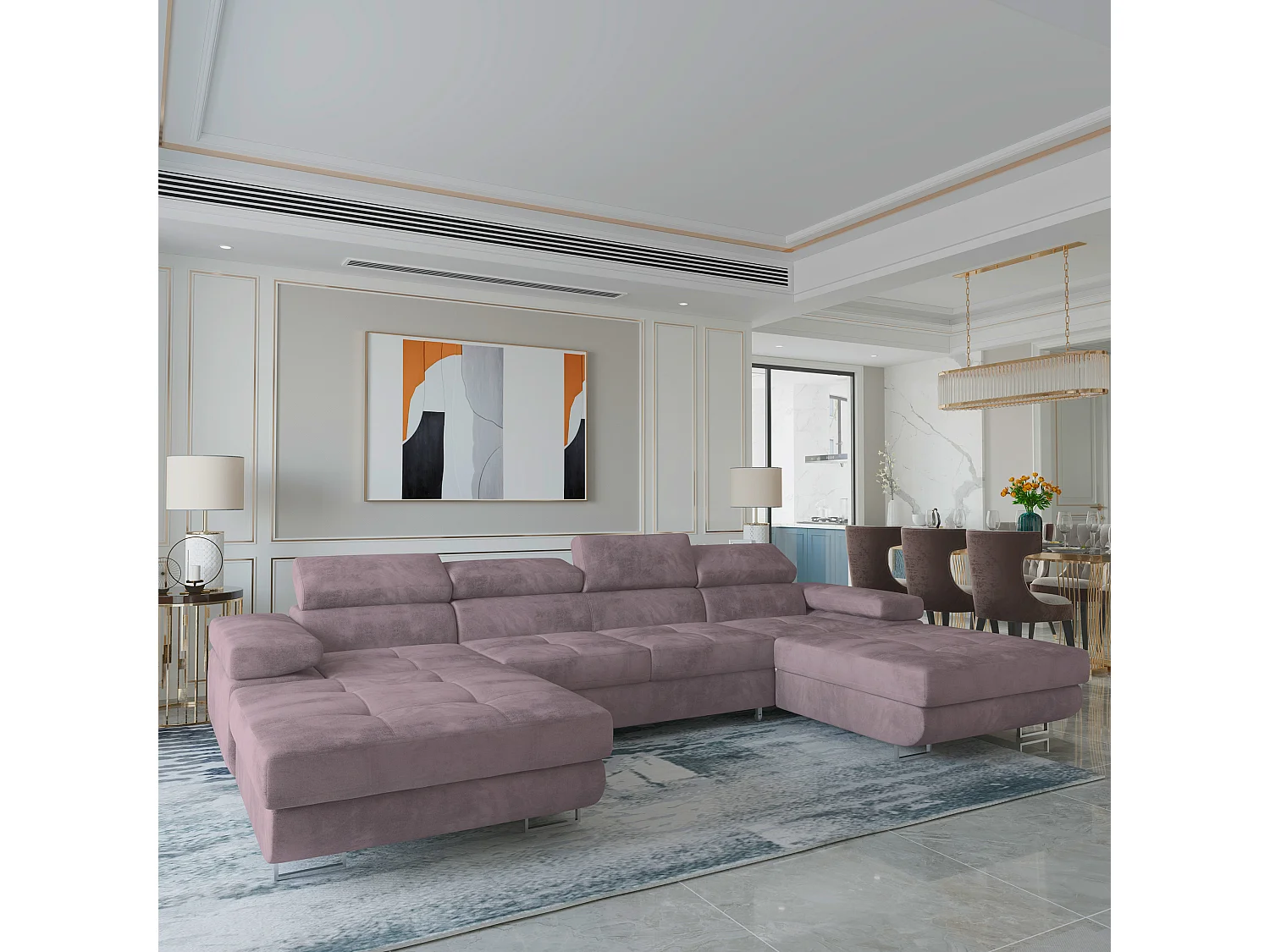 Canapé d'angle LYKKE Violet en velours avec fonction de couchage