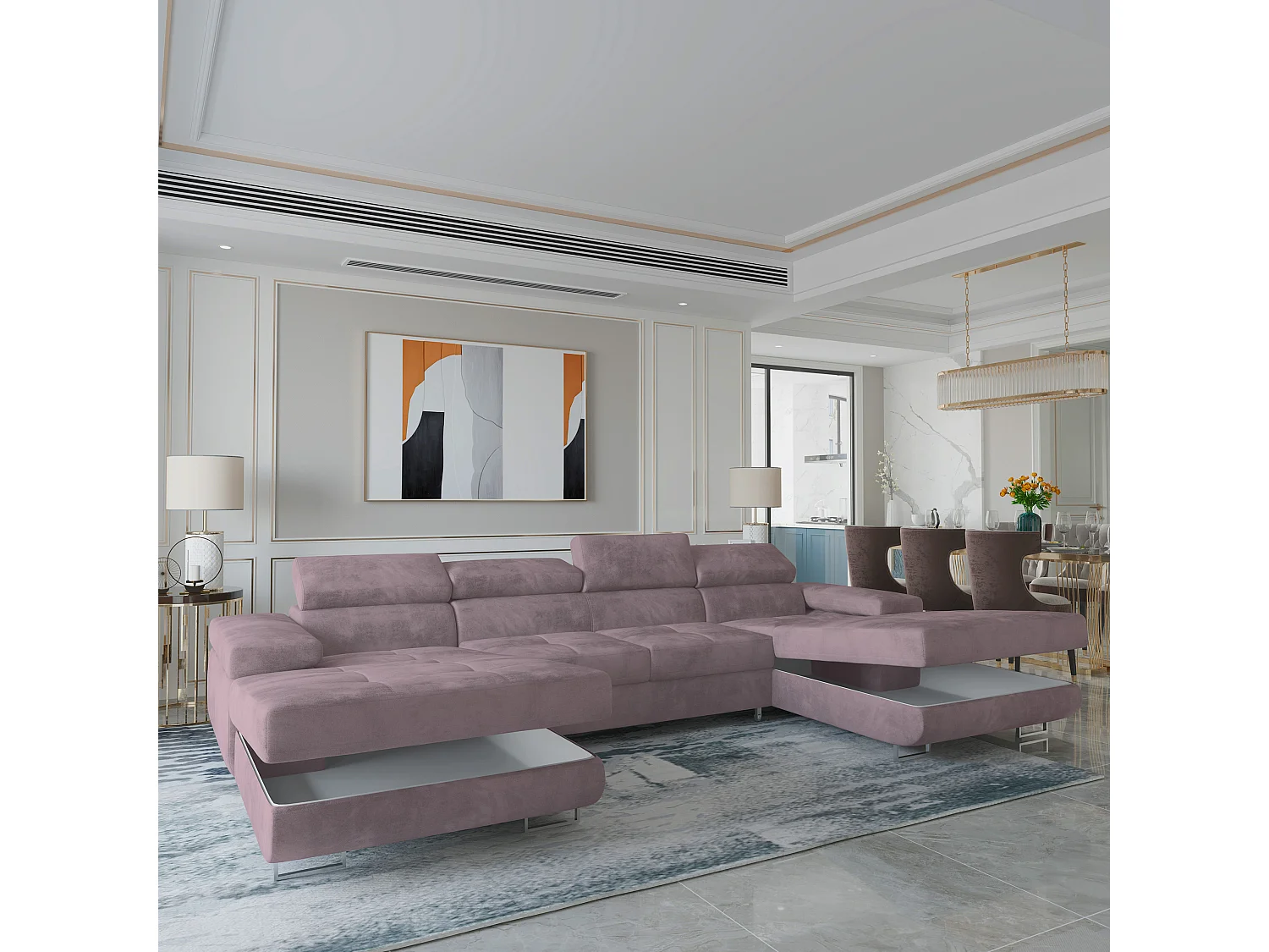 Canapé d'angle LYKKE Violet en velours avec fonction de couchage