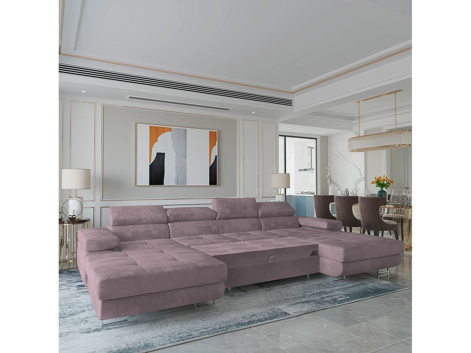 Canapé d'angle LYKKE Violet en velours avec fonction de couchage