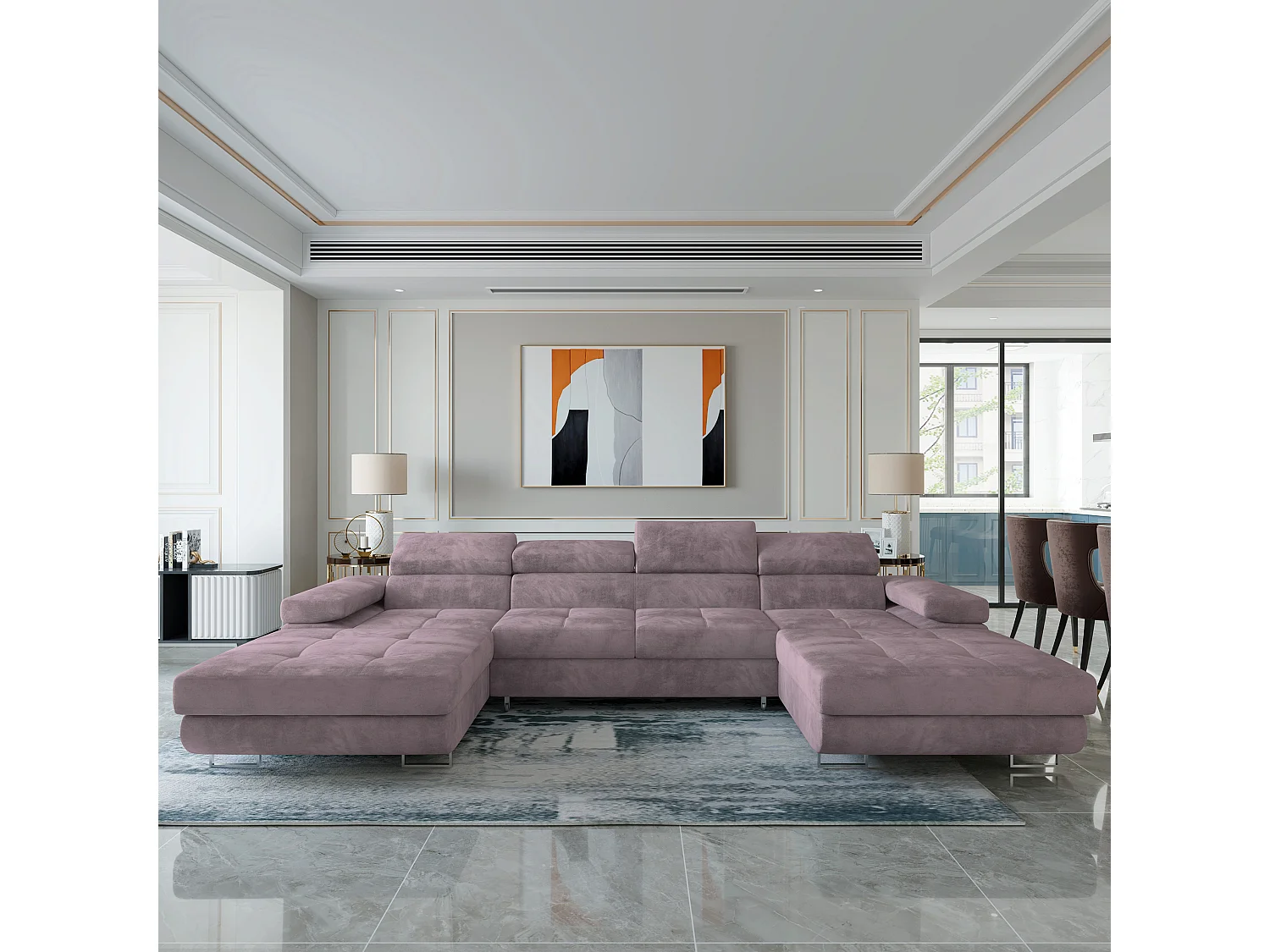Canapé d'angle LYKKE Violet en velours avec fonction de couchage